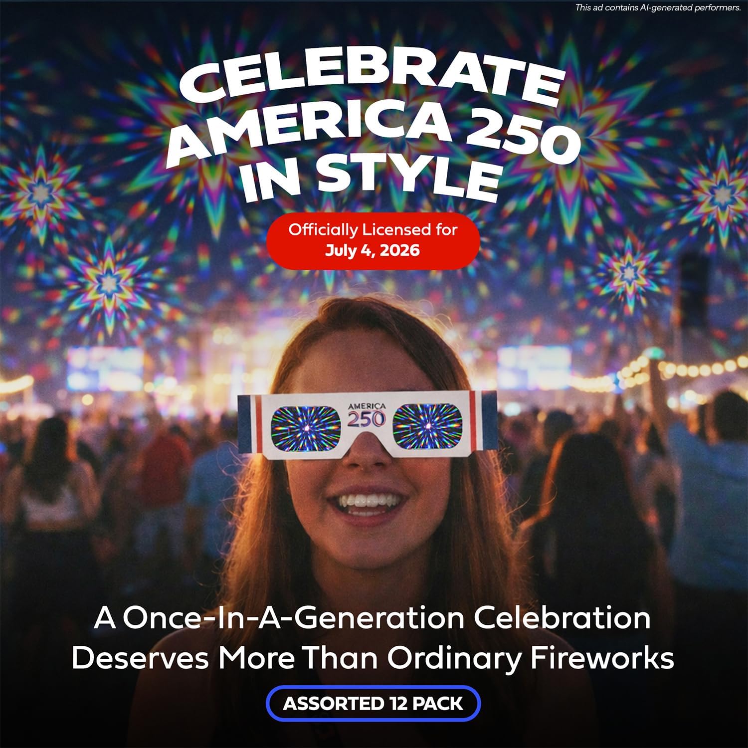 American Paper Optics America 250 Holiday Specs 3D Fireworks Glasses, 12pk Assorted - Patriotic Diffraction Glasses for America's 250th Anniversary - Turn Fireworks into Dazzling Multi-Point Displays