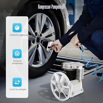 Air Compressor Pump Head 65 mm Double Cylinder 420L/Min 8Bar Compressor Unit Aluminium Piston Pump Head Compatible with 3HP Motor Includes Silencer and Accessories