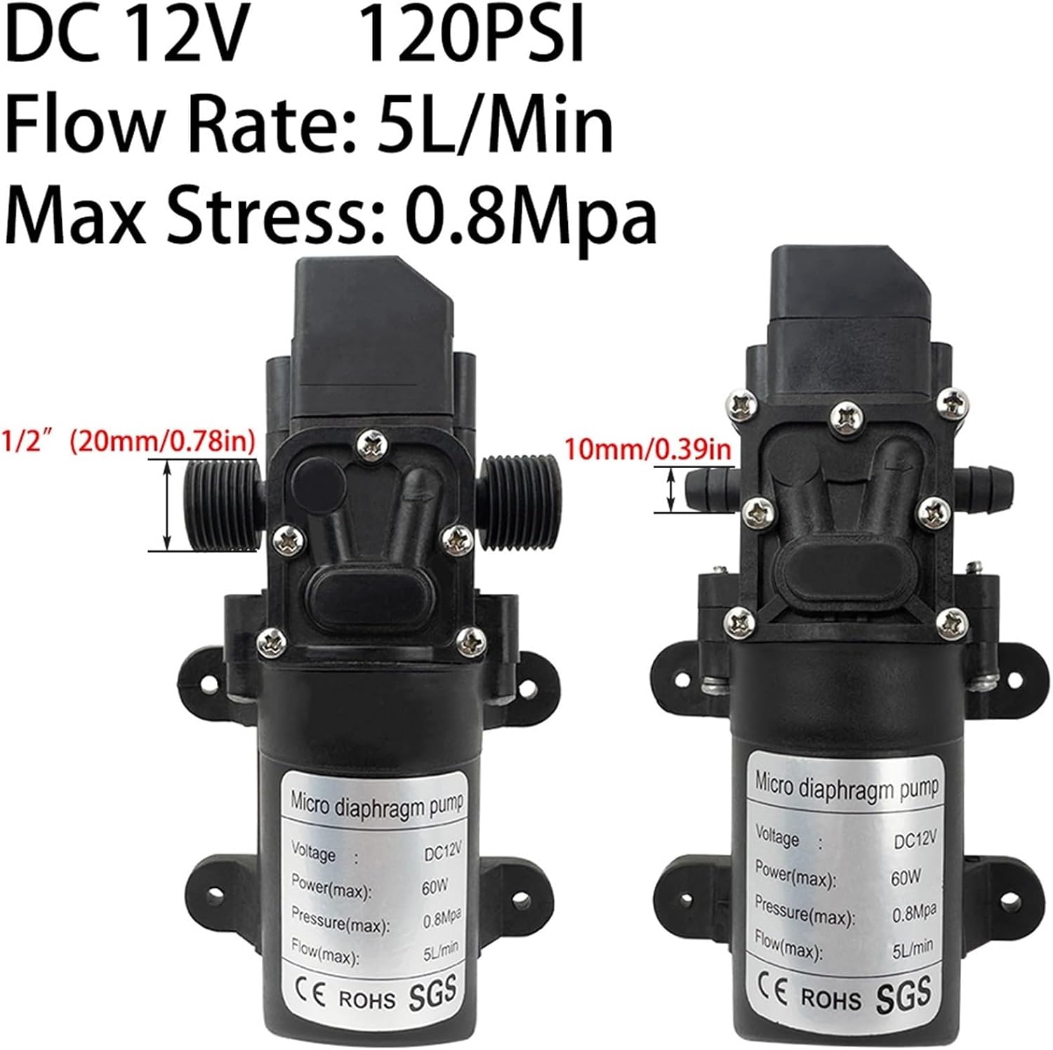 DC12V 120PSI 60W 5L/Min High Pressure Diaphragm Pump Mini Electric Self-priming Pump Water Washing Machine Pesticide Spraying(10PCS 60W,Mode B)