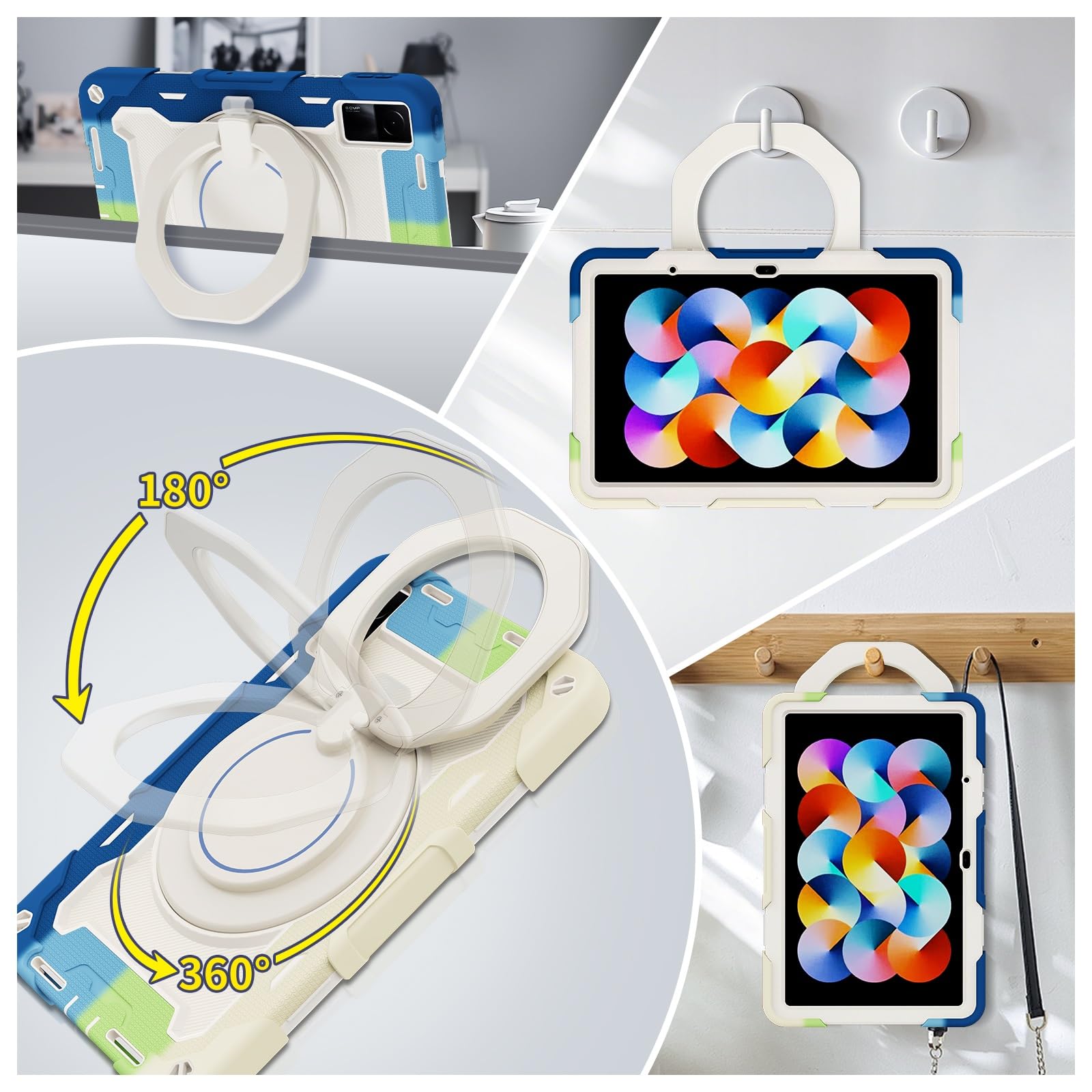 Custodia protettiva resistente per Xiaomi Redmi Pad da 10,6 pollici, supporto girevole a 360°, tracolla, portapenne e anello per impugnatura, copertura antiurto, per bambini e adulti (blu