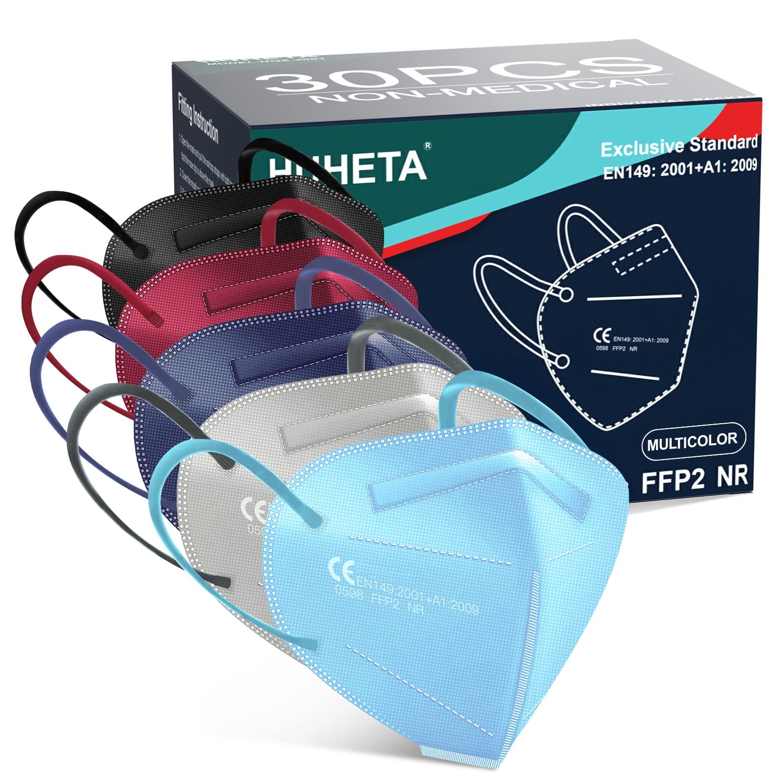 HUHETA FFP2 Maske Bunt, 30 Stück FFP2 Maske, CE 0598 Zertifiziert, 5-Lagen-Atemschutzmaske mit verstellbarem Gummiband und anpassbarem Nasenbügel