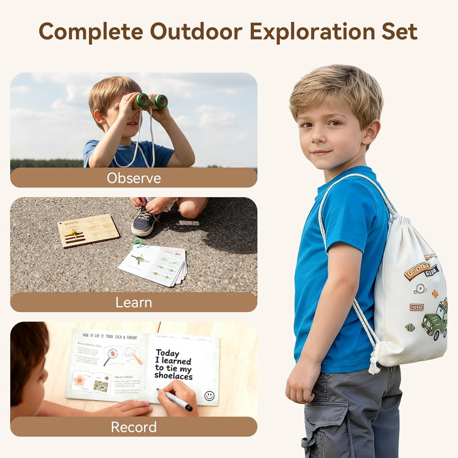 WOODEN TEETHER Kids Outdoor Explorer & Scavenger Hunt Play Set, Nature Exploration Kit with Knot-Tying Board, Binoculars, Compass, Specimen Box & Treasure Cards, STEM Gift for Ages 4–8