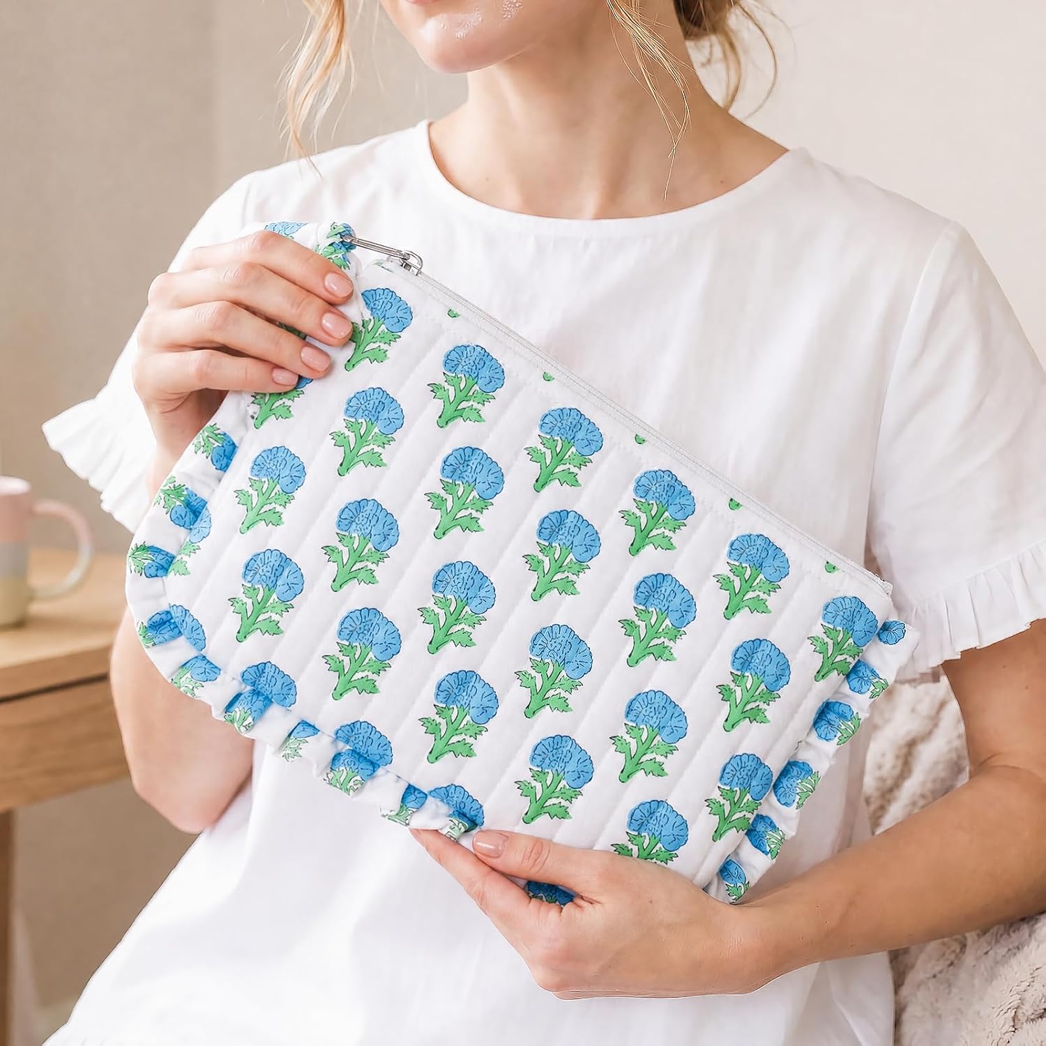 Gilprop Floral Makeup Bag Large Cotton Cosmetic Pouch for Women Girl, Blue image 4