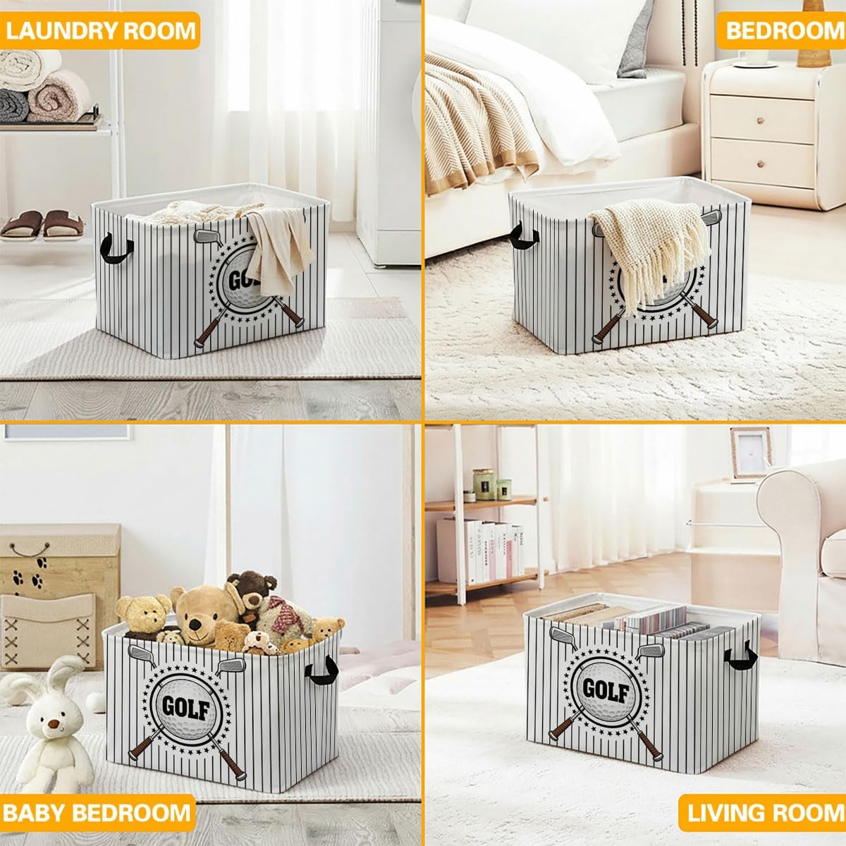 Golf Laundry Hamper with Handles,Large 56L Foldable Square Clothes Basket Multi‑Use Blanket Storage Bins for Organizing Books,Toys,Gifts,Room Decoration,Laundry Room,Dorm Nursery