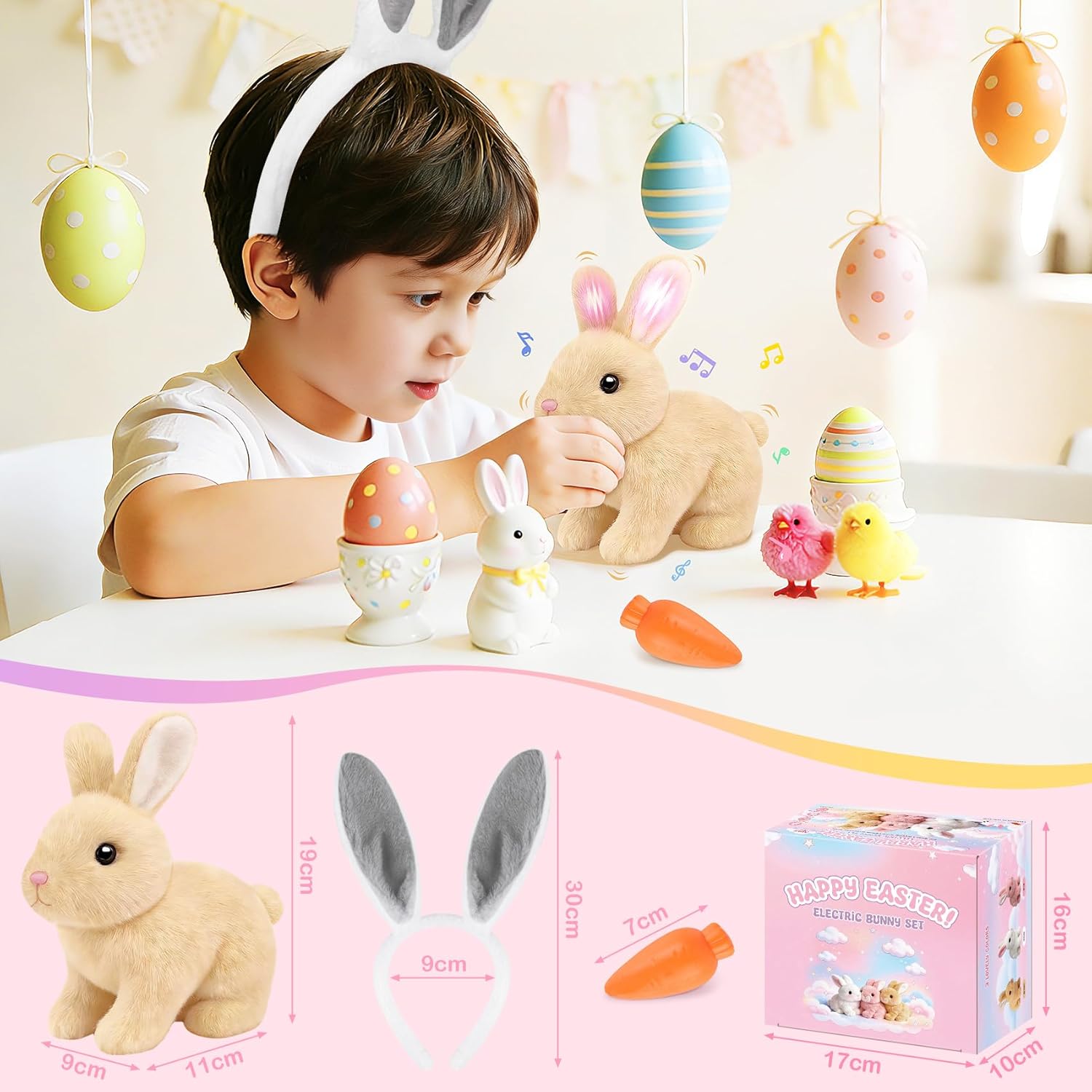 Bunny Stuffed Animal for Kids - Realistic Bunny Toys with Ears Headband,Interactive Hopping Plush Bunny with Sounds, Electric Lifelike Robot Rabbit that Move, Walking Barking and Wagging