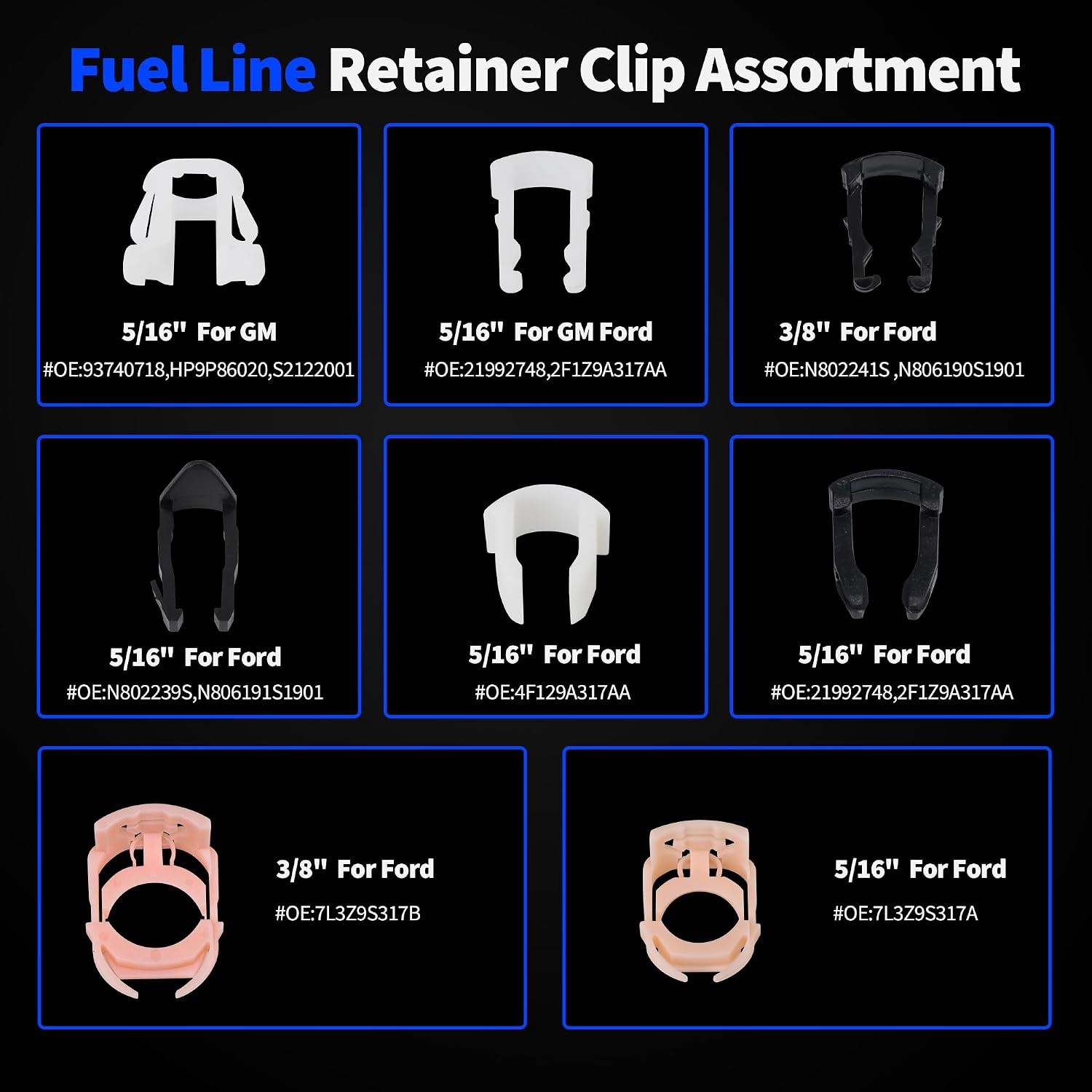 80Pcs Fuel Line Retainer Clips Assortment Kit, 8 Popular Sizes 5/16" & 3/8" Fuel Lines Clamp, Fuel Line Retaining Clips Auto Fuel Hose Retainer Clips Replacement Kit Compatible with Ford GM