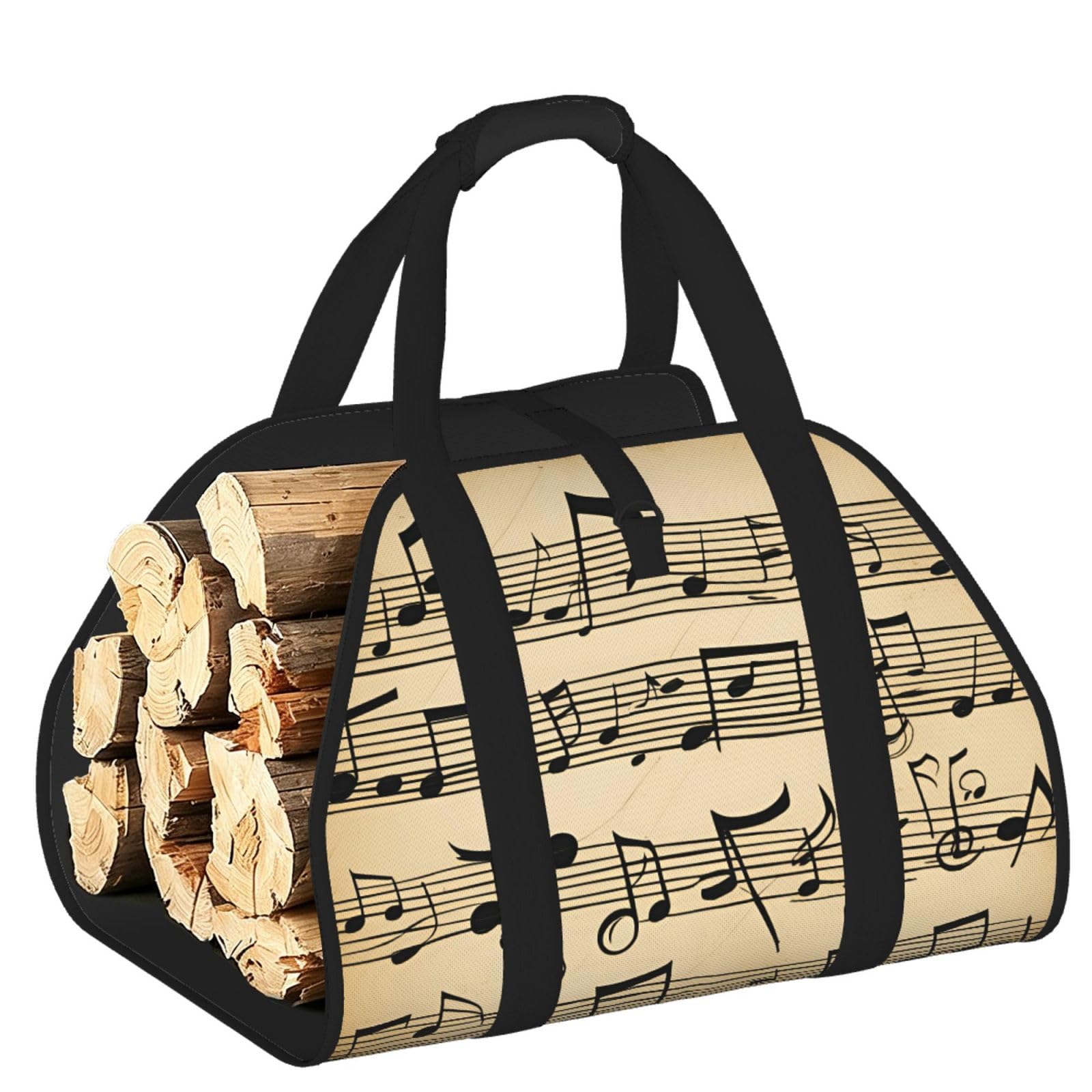 Ayyqwe Black Musical Notes Print Firewood Bag Wood Waterproof Versatile Camping Picnic Storage Daily Home