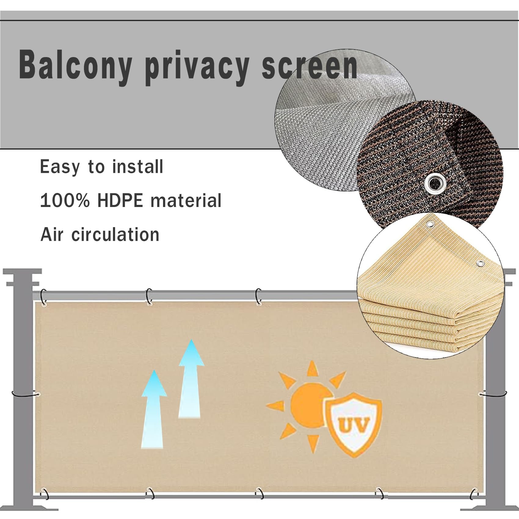 Telo Copri Ringhiera Balcone 95 x 500 cm Protezione Della Privacy, Frangivento, Anti-Uv, Agenti Atmosferici Telo Ombreggiante Recinzioni con Corde Fascette per Patio, Giallo sabbia