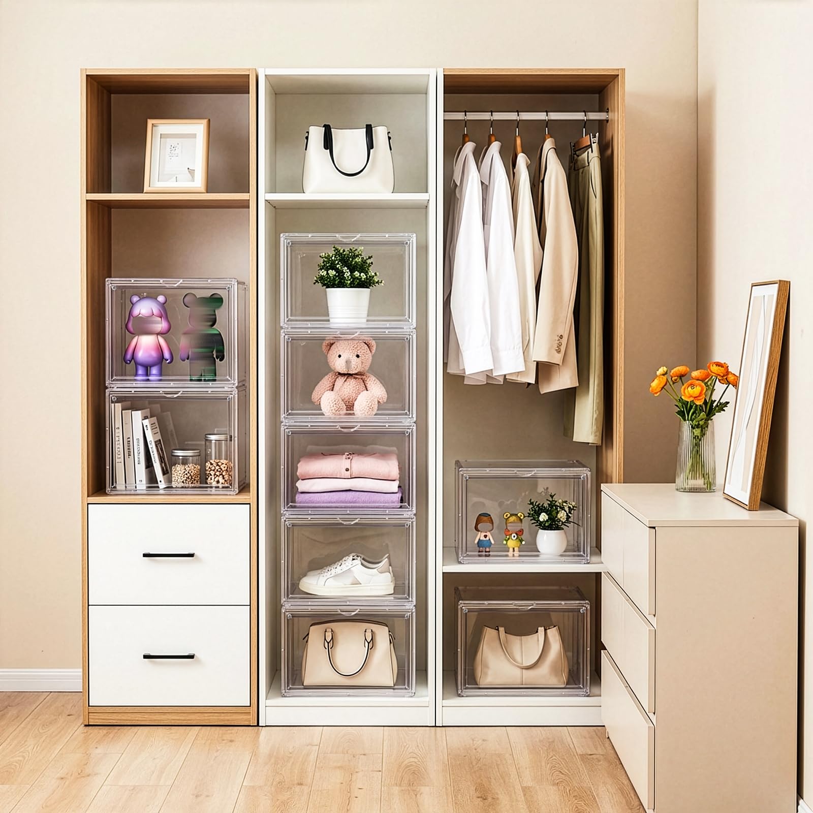 Paquete de 2 vitrinas acrílicas transparentes, caja de exhibición ajustable de 3 niveles, escaparate coleccionable con puerta magnética, estante de almacenamiento de figuras, organizador