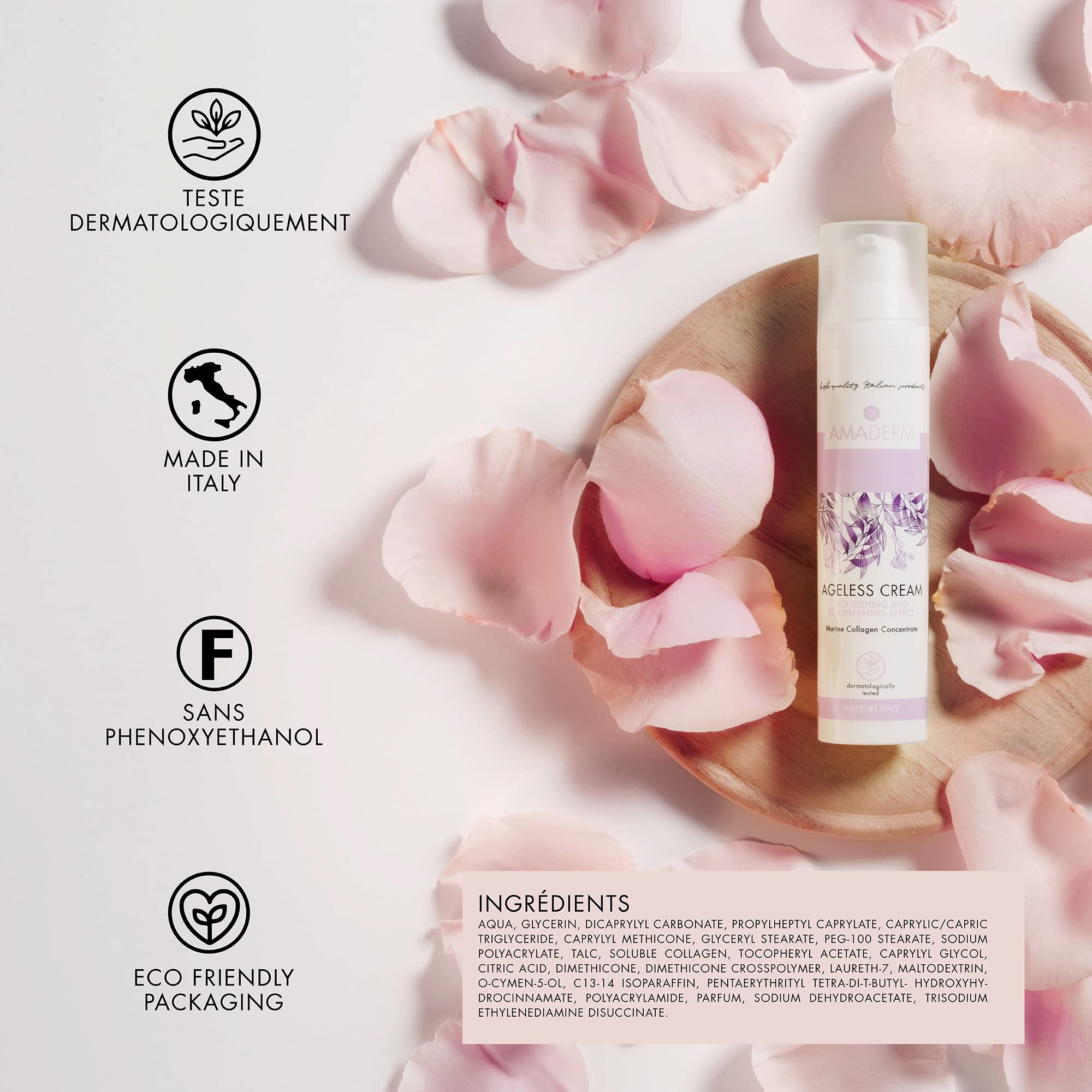 AMADERM Ageless Cream 100ml | Crème Visage Anti-Âge pour Femme de Plus de 35 Ans | MADE IN ITALY Collagène Marin avec Vitamine E et Peptides | SANS PHENOXYETHANOL
