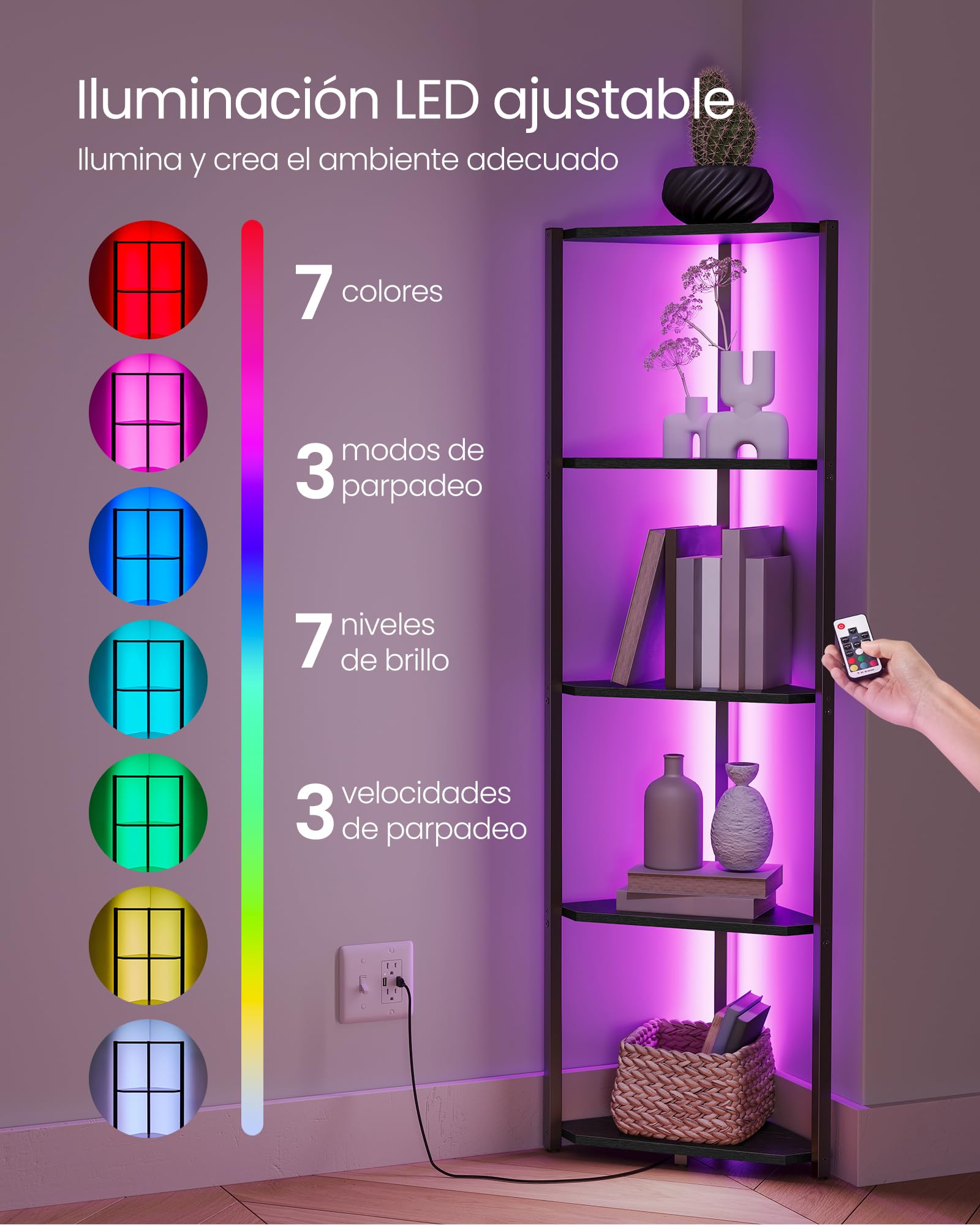 VASAGLE Estantería Esquinera de 5 Niveles, con Iluminación LED Ajustable, con Marco de Acero, 24,8 x 48 x 146,6 cm, para Salón, Dormitorio, Estudio, Negro Ébano LBC590B02V1