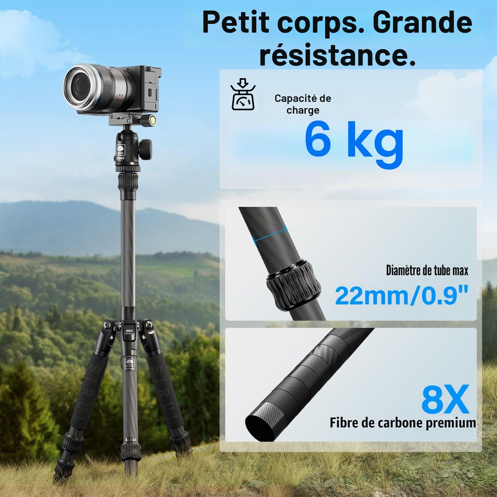 SIRUI Trépied de Voyage, 55.1‘’ Trépied Compact et léger en Fibre de Carbone avec Rotule Panoramique 360° pour Appareils Photo, Plaque QR, Colonne Centrale Amovible, Charge Jusqu'à 10kg, AM-5C