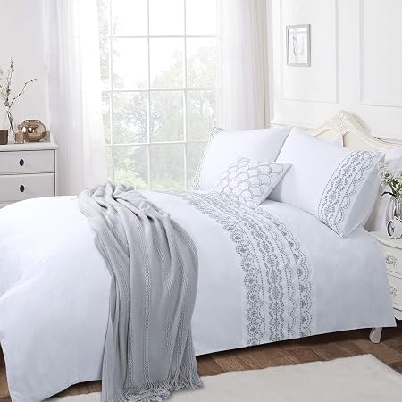 Serene - Pom Pom - Easy Care Duvet Cover Set | Double Bed Size | White ...
