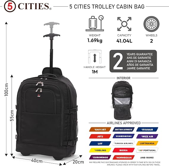 5 Cities 55x40x20cm Ryanair Priority Trolley Backpack, 41L, 2 Wheels | Fits Ryanair Priority, 41L, 2 Wheels, Lightweight, Carry On Trolley Flight Bag, Rucksack Suitcase, Cabin, Durable, Black