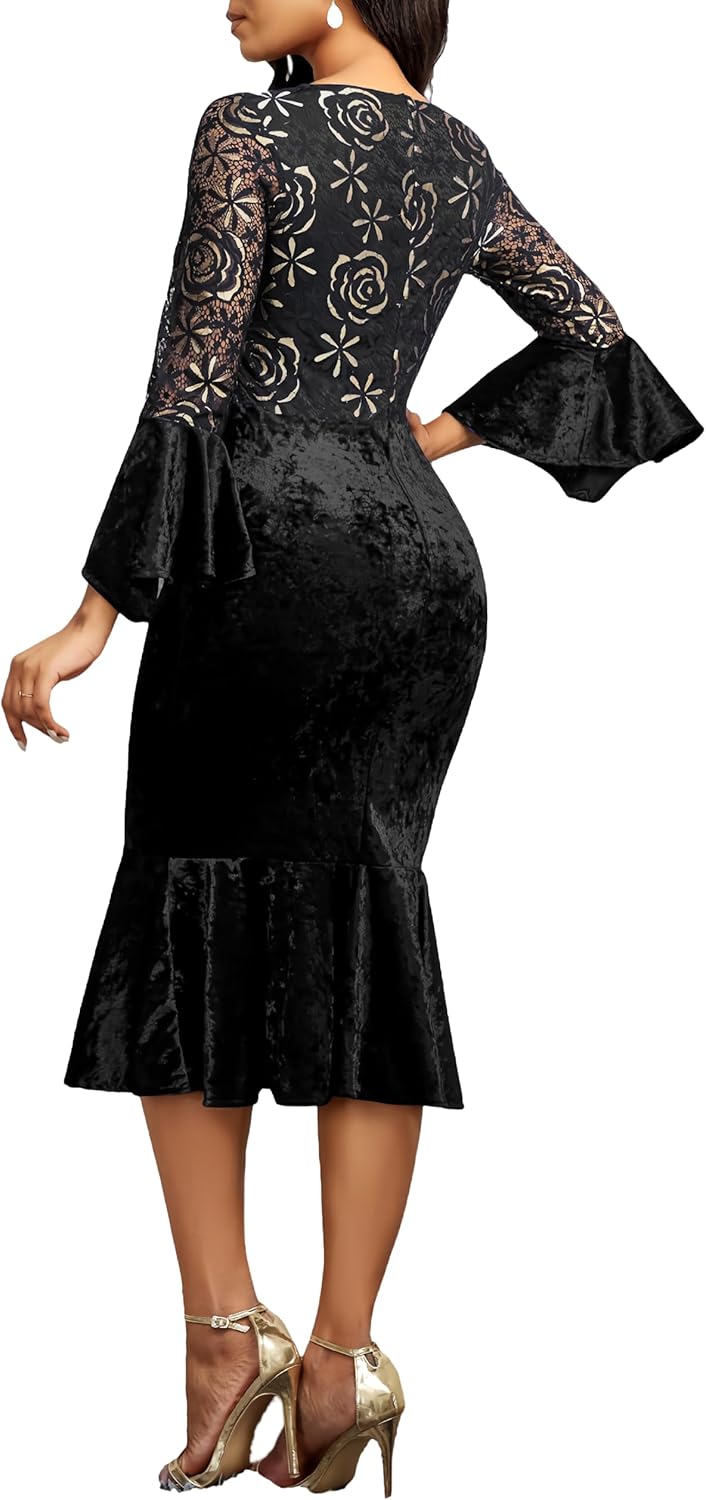 Midi Lace Dress for Women Sexy Bodycon Fishtail Dress Elegance Cocktail Party Banquet Church Outfits - Image 6