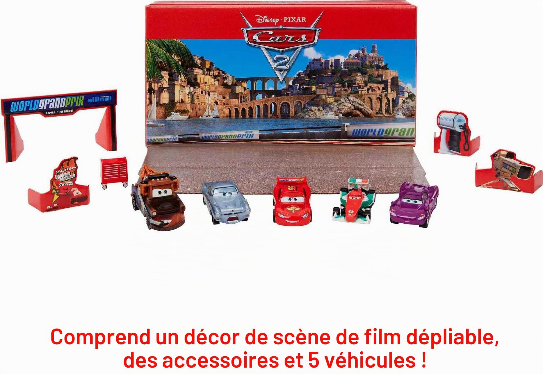 Disney Pixar Cars Coffret de 5 véhicules en métal et 1 accessoire, inspirés du Film Cars, boite transformable en décor de jeu, jouet enfant, HFN82