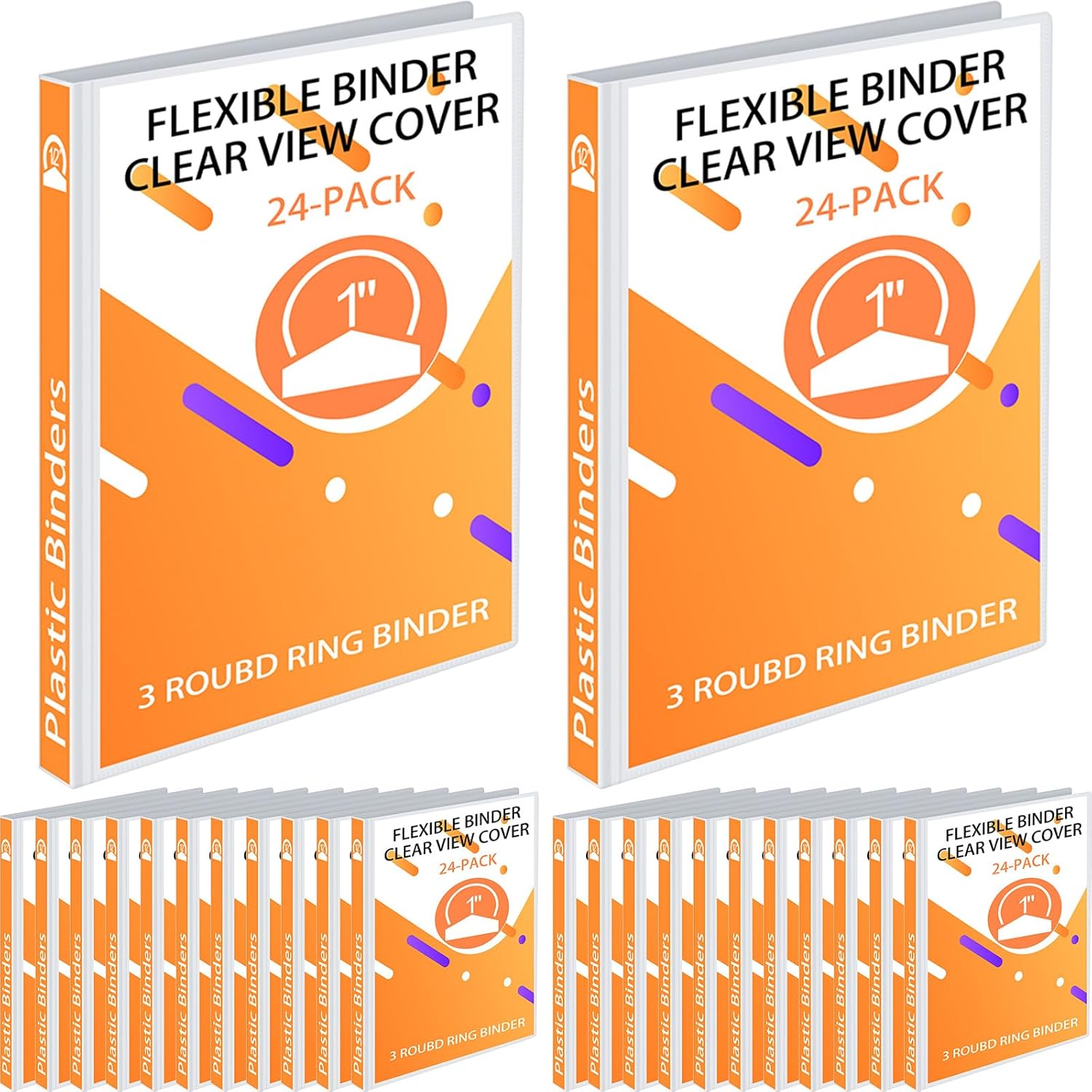 Fulmoon 24 Pcs 3 Ring Plastic Binders Bulk with 2 Pockets Flexible Binder with Transparent View Cover Plastic Binder for Home Office(1 Inch,White)
