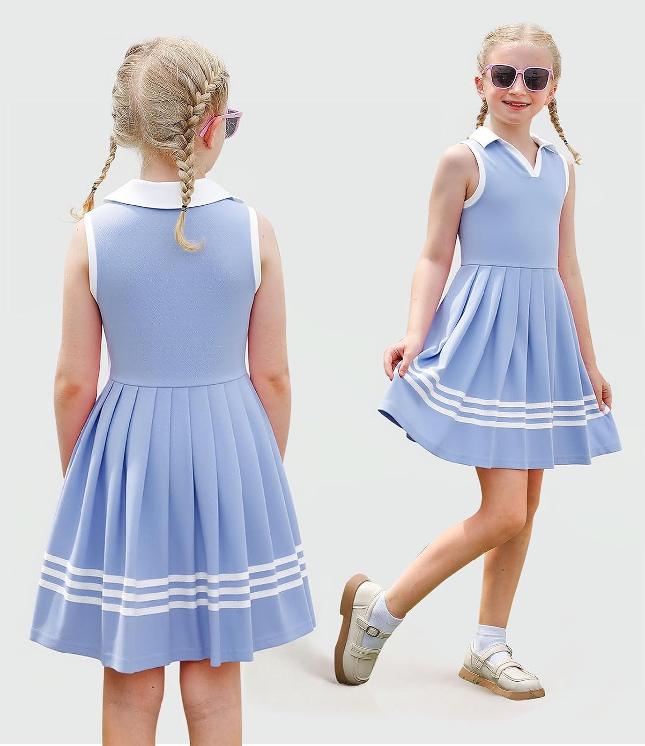 Kids4ever Girls Summer Dress 7-10 Year Kids A-line Pleated Knee Length Sundress for School Daily Casual