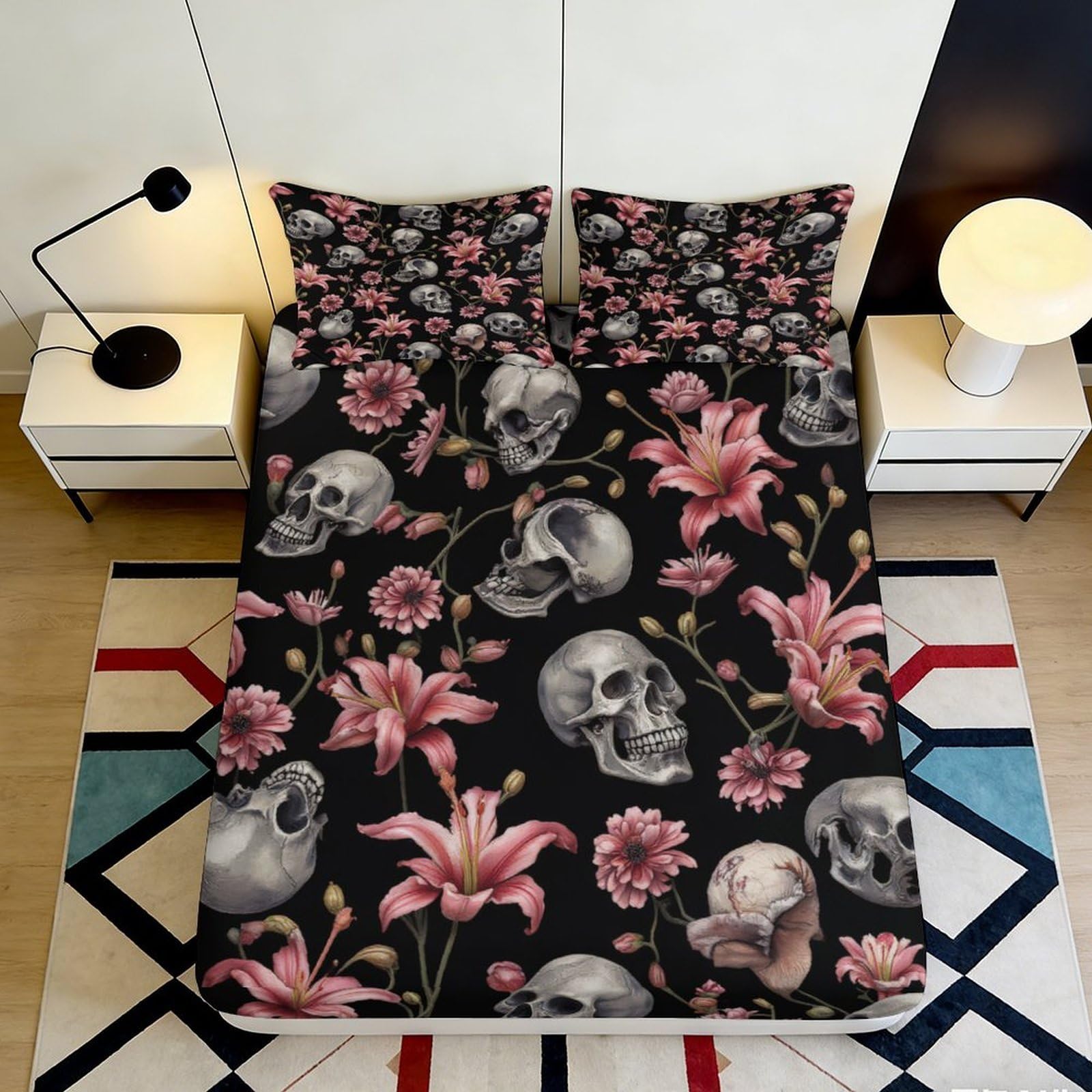 Jqzkxnhpbr Style-8 3D Printed Skull Floral Fitted Sheet Microfiber Bedroom Decor Gothic Flower Bed Sheet For Home Guest Room 90X200x25cm