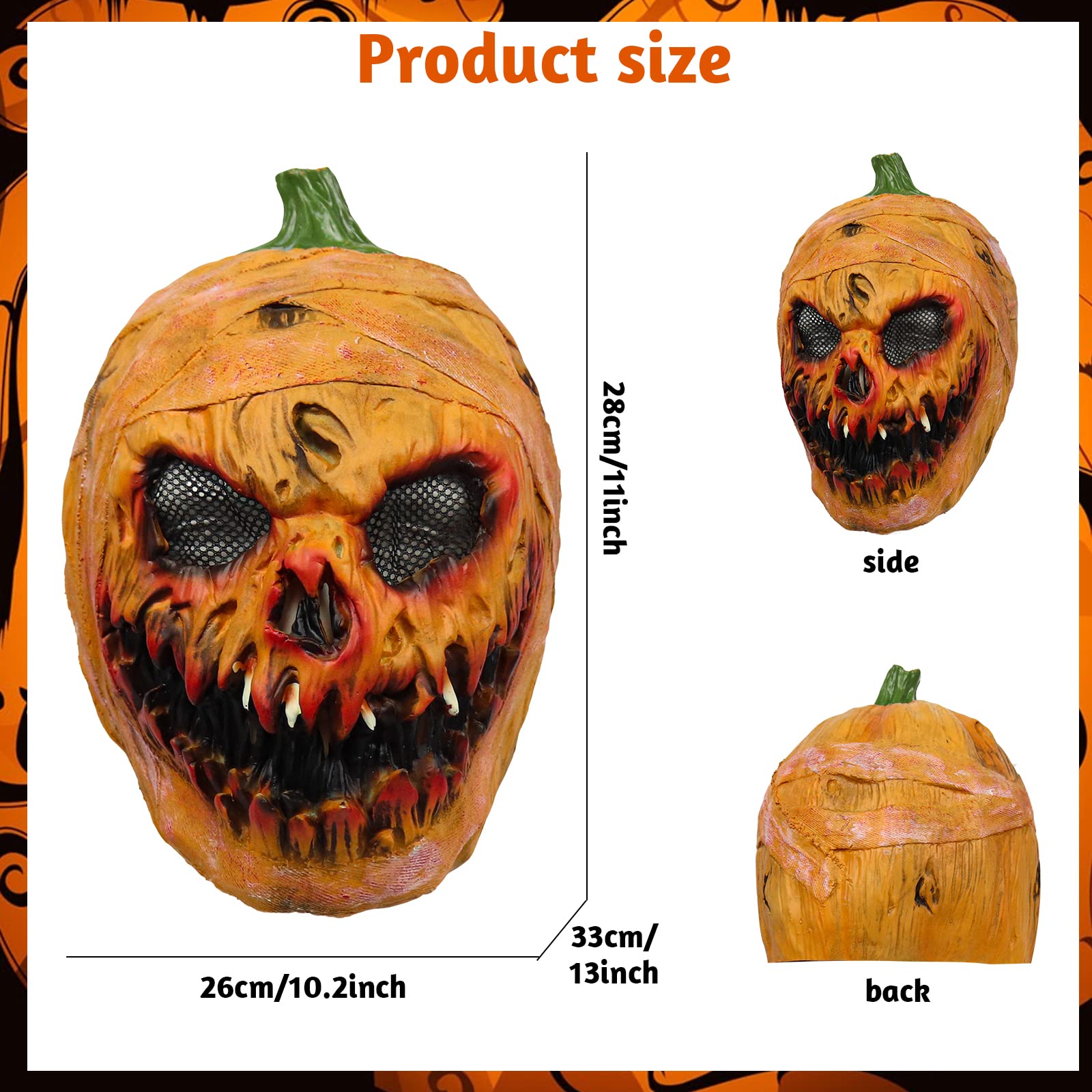 Kouoybt Halloween Pumpkin Mask, Scary Pumpkin Full Head Mask, Creepy Latex Head Mask - Image 3