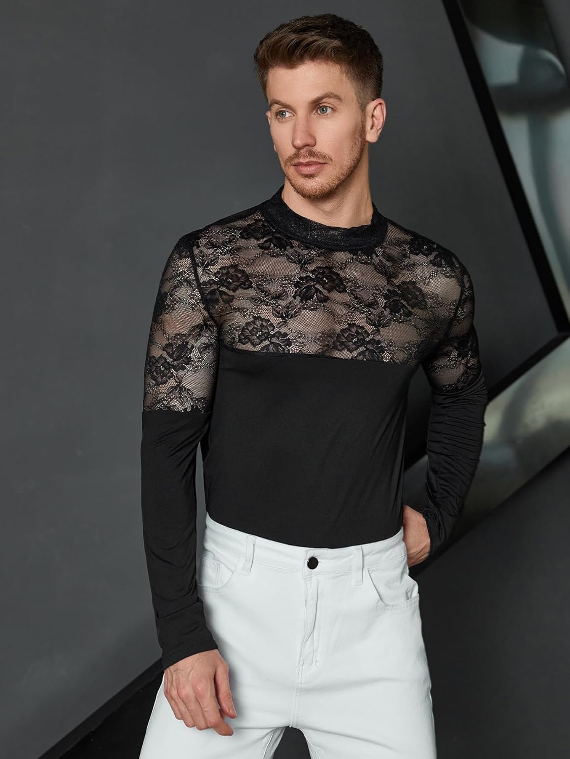 WDIRARA Men's See Through Floral Lace Mock Neck Long Sleeve Casual Tee Shirt Top - Image 7