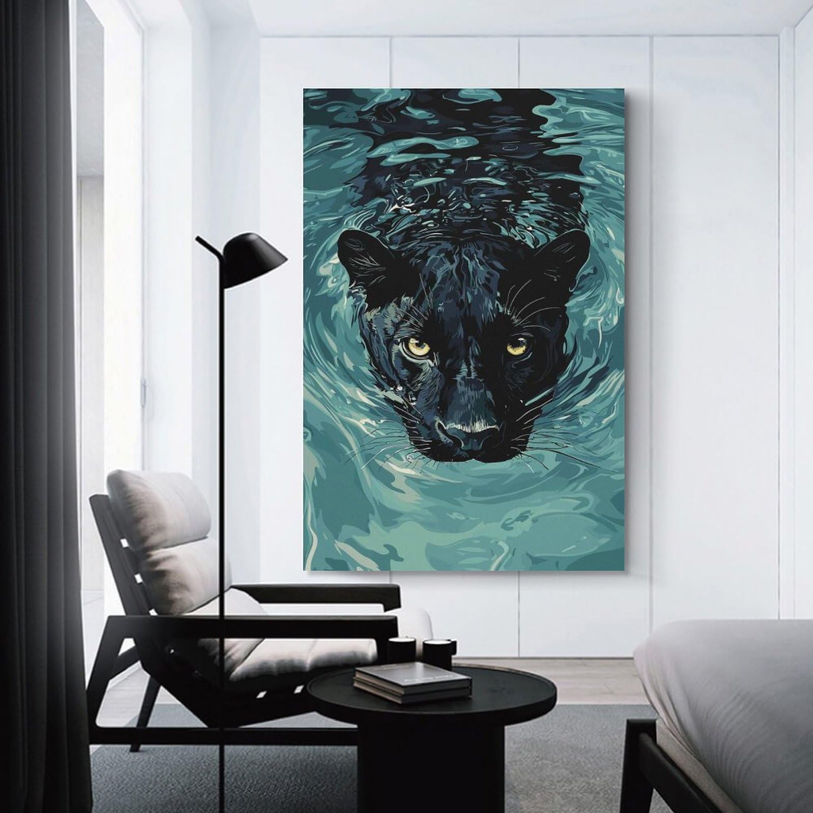 Junmoney Unframe-Style-18 Black Panther Swimming In Water Canvas Wall Art, 24X36inch(60X90cm), For Bedroom Decor, Cosy Corners Or Studios, Stylish Decor For A Restful Room Update