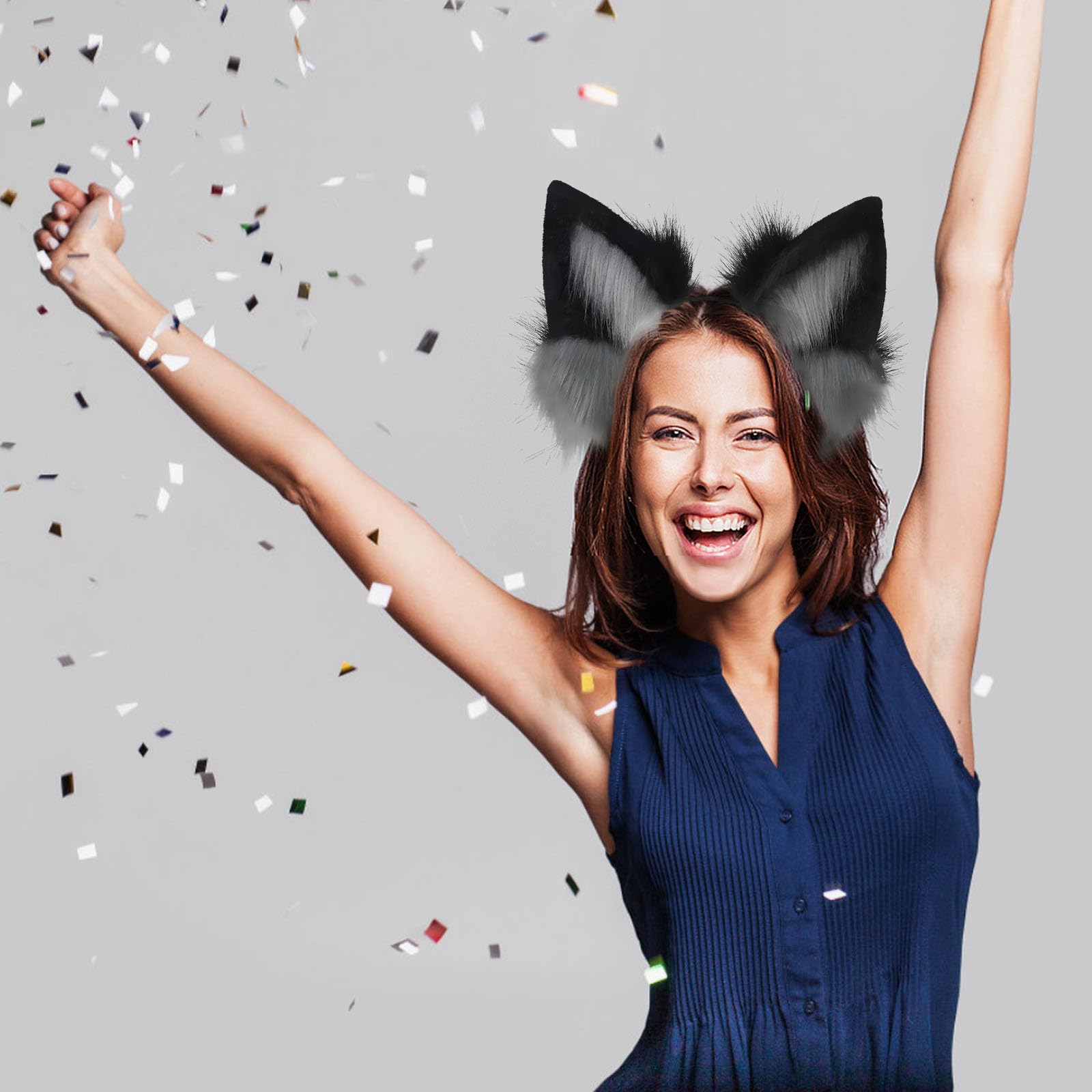 Ycfish Handmade Faux Fur Cat Ear Headband Cosplay Costume Party Cute Head Accessories for Halloween Fluffy Wolf Fox Cat Ears Headband Costume Hair Hoop (Black ash) - Image 4