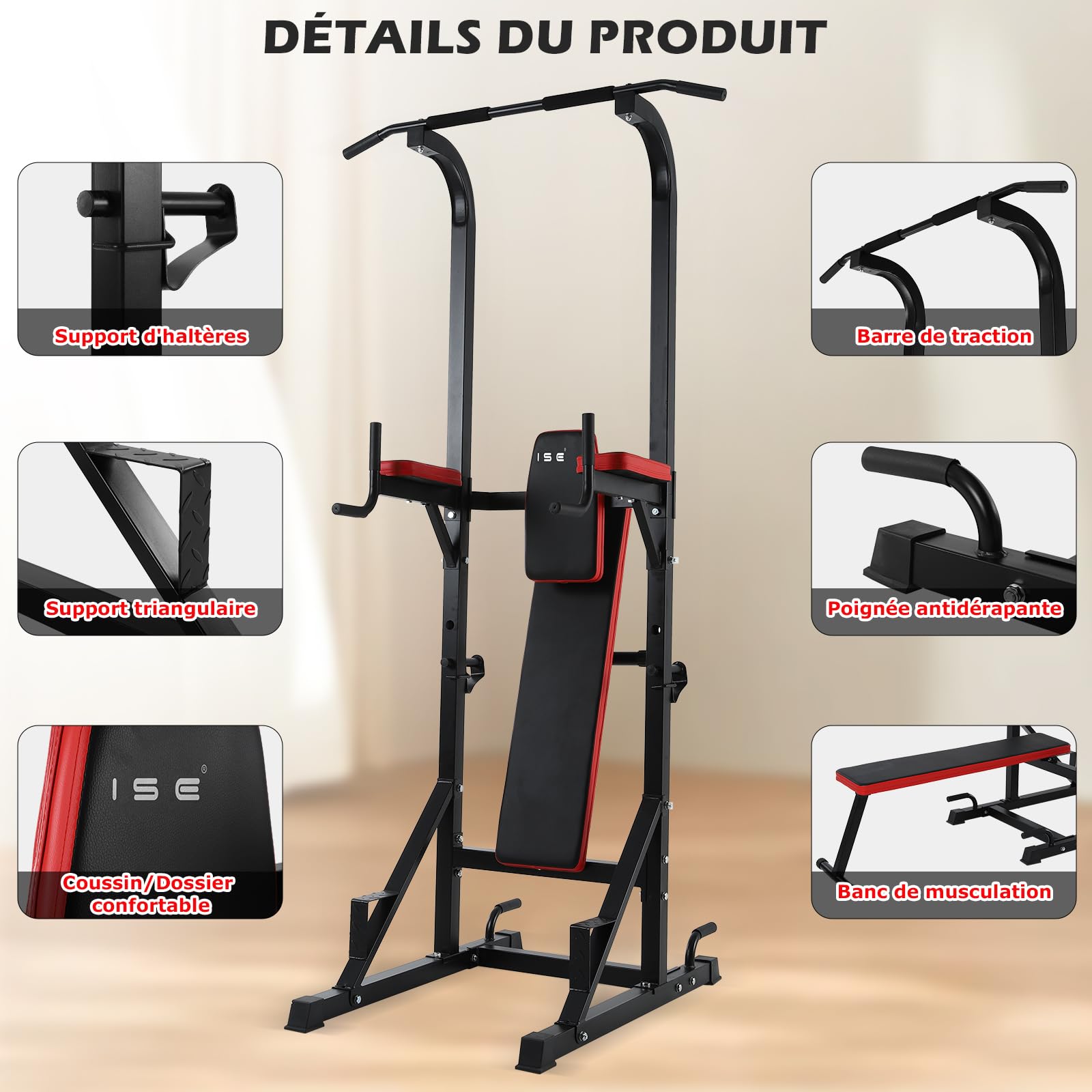 ISE Chaise Romaine Multifonction Barre de Traction Station avec Banc de Musculation pour Dips, Pompes, Développé-Couchés, Station Musculation, Chaises Romaine Complet Rouge/Noir 107x66x224CM