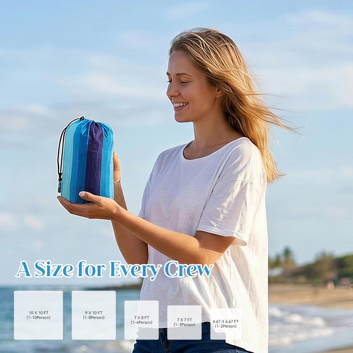 OIGAE Extra Large Beach Blanket, 10×10 ft Sand-Free Outdoor Picnic Mat for Groups, Water-Resistant Windproof Blanket with Stakes, Blue Stripe