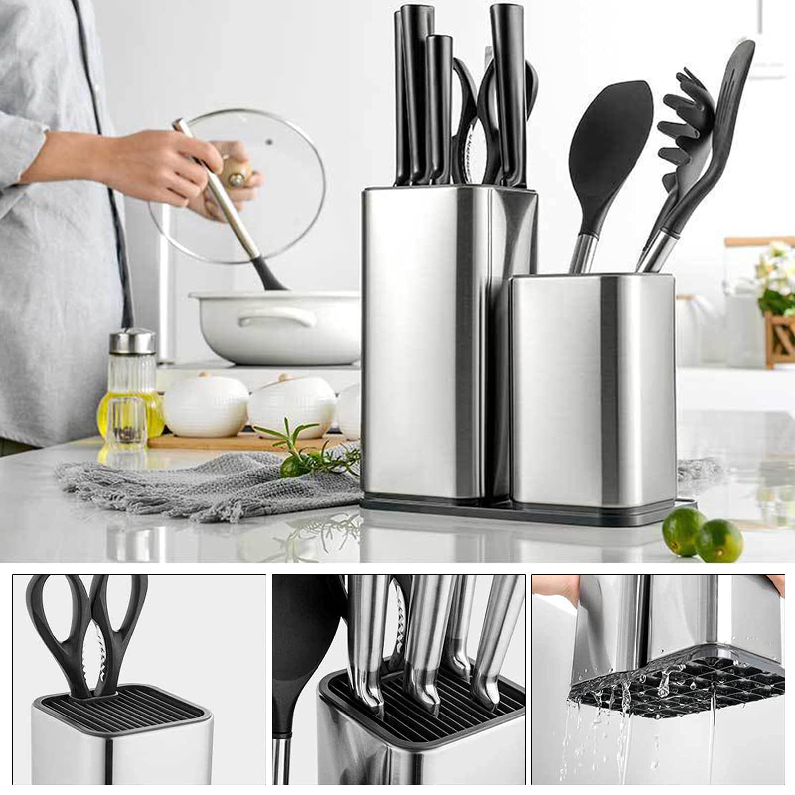 Blocco portacoltelli in acciaio inox con porta utensili, set di posate da cucina, utensili, coltelli, organizer da cucina, supporto universale in acciaio inox