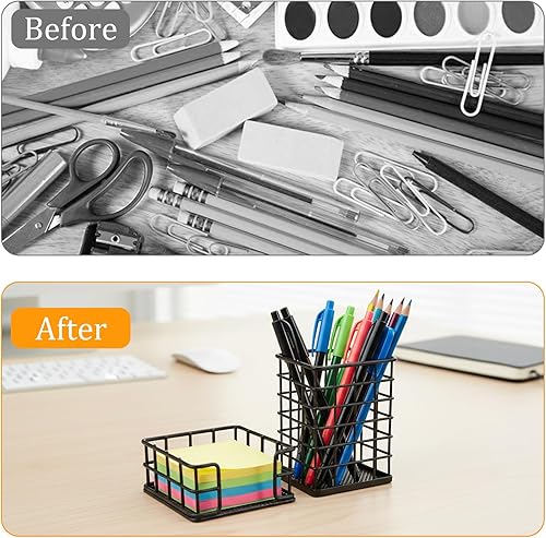 Miniatura 4 de Mesh Pencil Holder Desk Organizer Set, 2-Piece Minimalist Metal Pen Holder & 3x3 Inch Sticky Note Dispenser for Office, Home and School Supplies