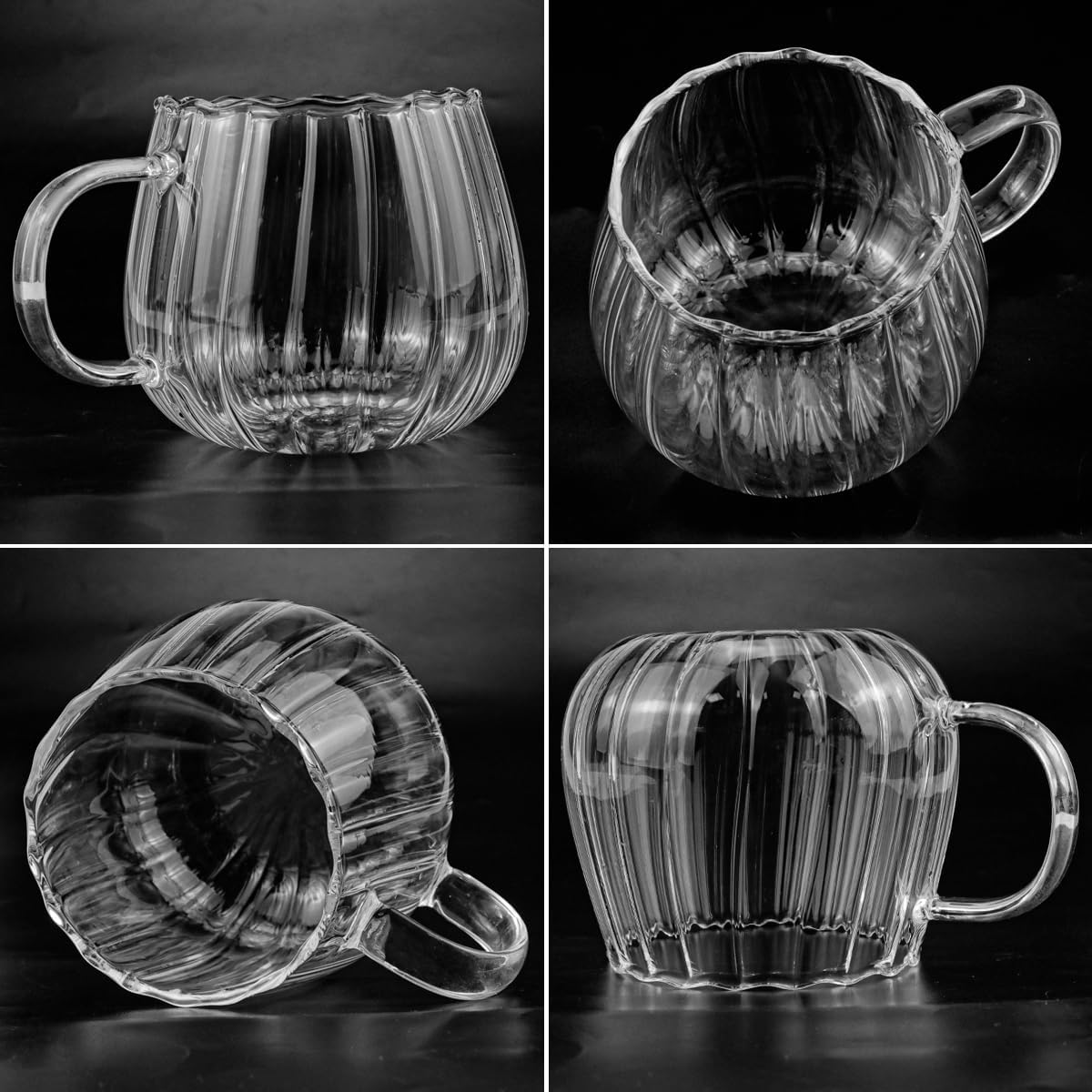 2Pcs Glass Cups With Handle Pumpkin Shaped Transparent Coffee Cups 350ml Drinking Cups Clear Glass Water Cups for Home School Office Table Centerpieces Housewarming Holiday Party Present