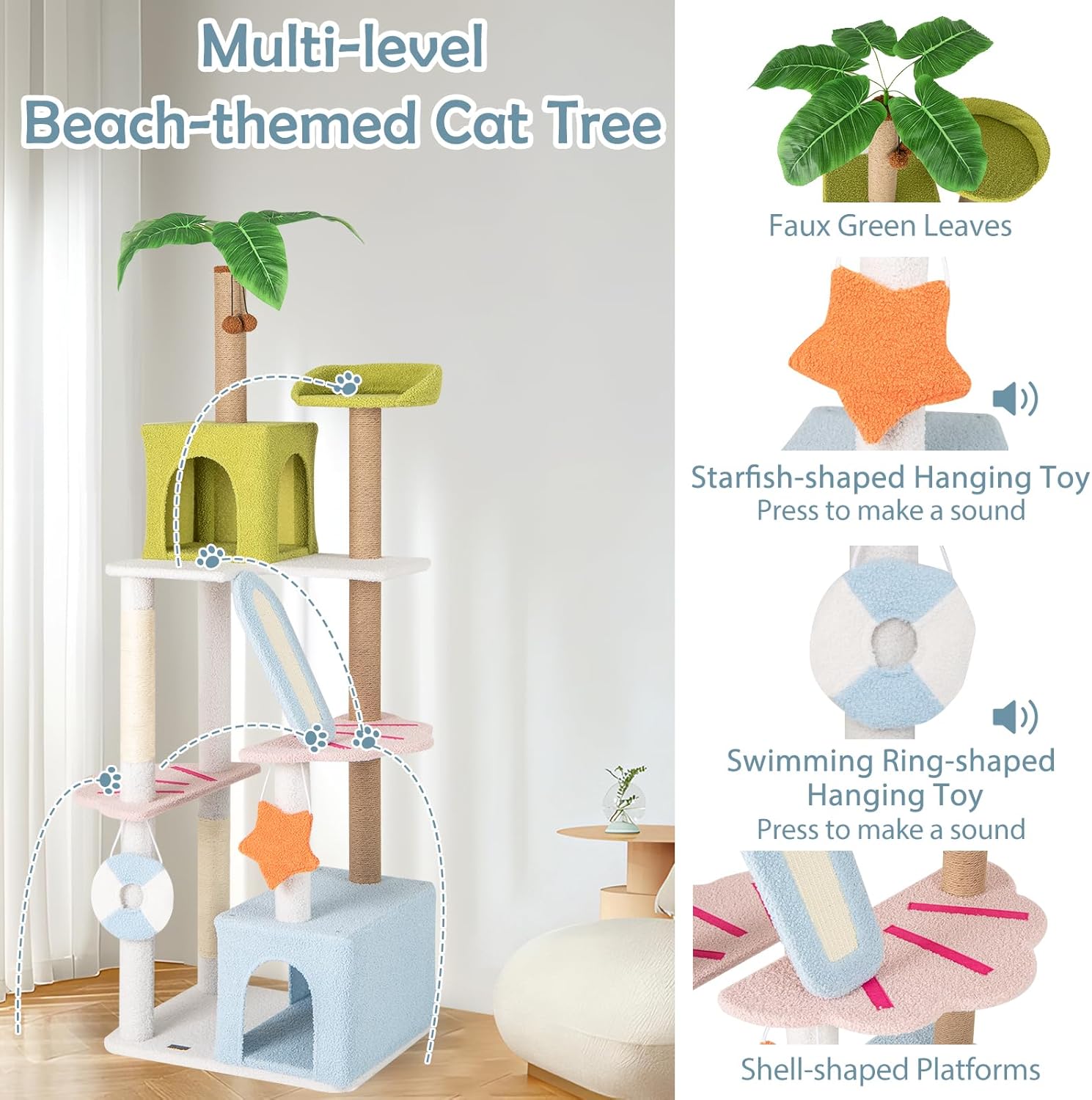 PETSITE 71 Inch Beach-Themed Tall Cat Tree, Multi-Level Cat Tower with Scratching Posts, Dual Condos, Ramp, Faux Plant Leaves, and Cute Interactive Hanging Toys, Cute Cat Tree Tower for Indoor Cats