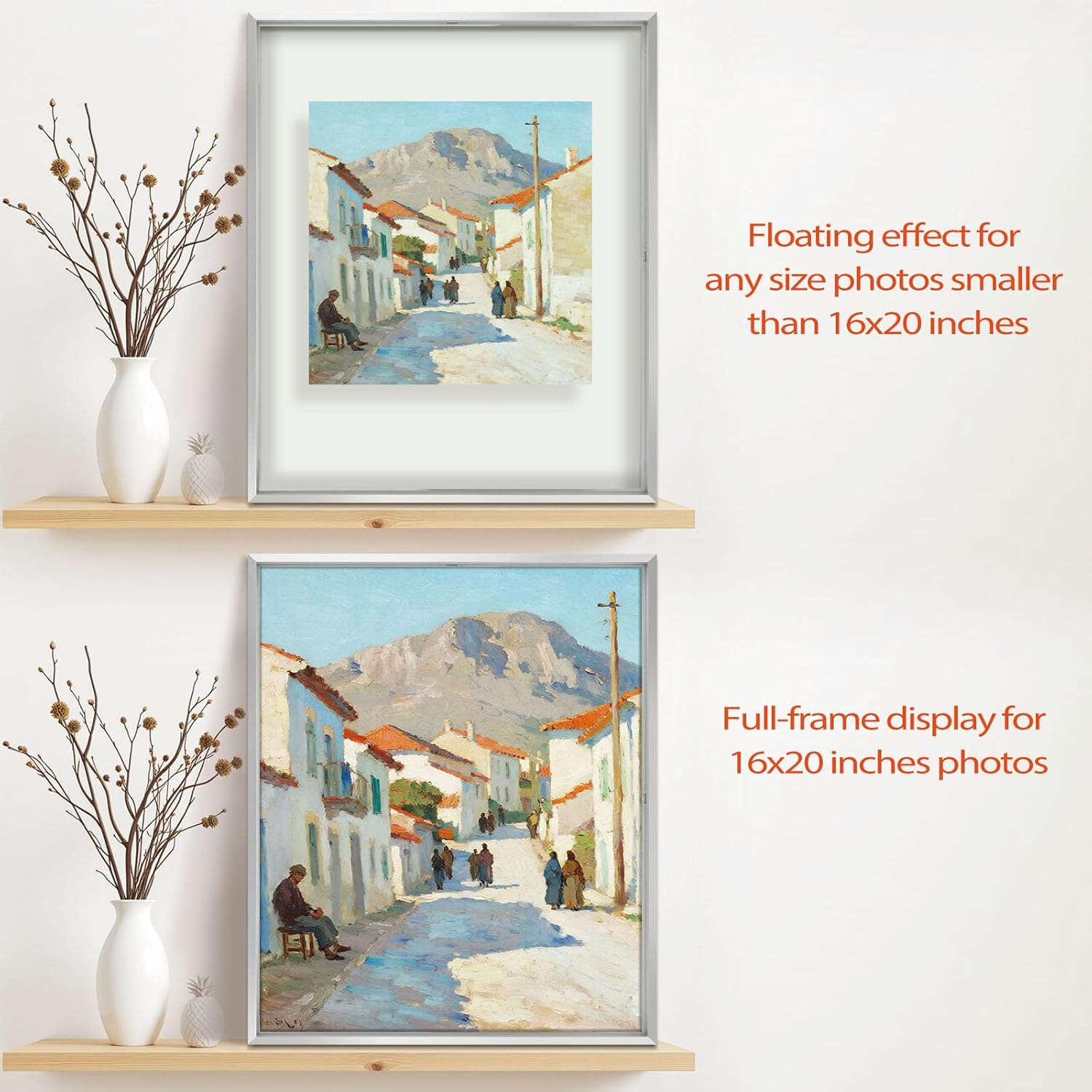 Golden State Art, 16x20 Floating Frame, Silver Aluminum Picture Frame, Clear Glass Displays Any Size Photo Up to 16x20, Home Gallery Wall Decoration, Display Horizontal and Vertical