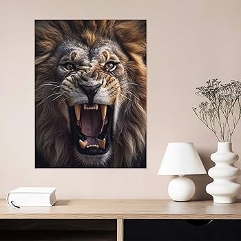 Amazon.co.jp: 絵画 吠えるライオンインテリア 絵画 強い表情 野生動物