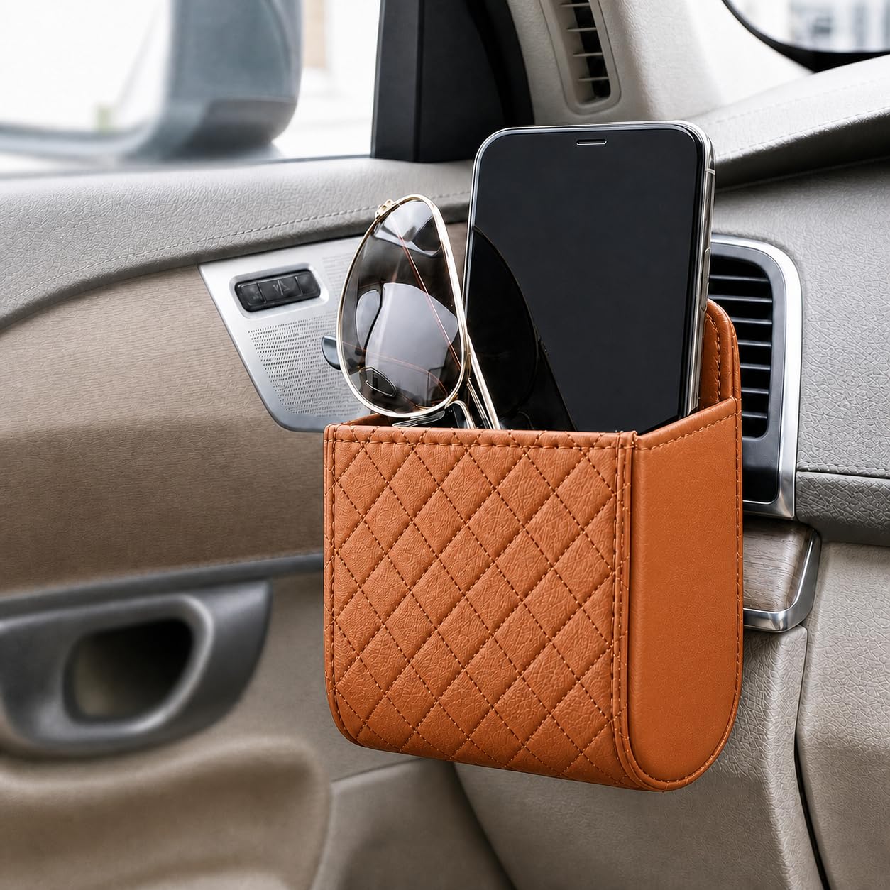 Car Air Vent Storage Organizer, PU Leather Hanging Phone Holder and Small Item Pouch for Glasses, Pens and Cards