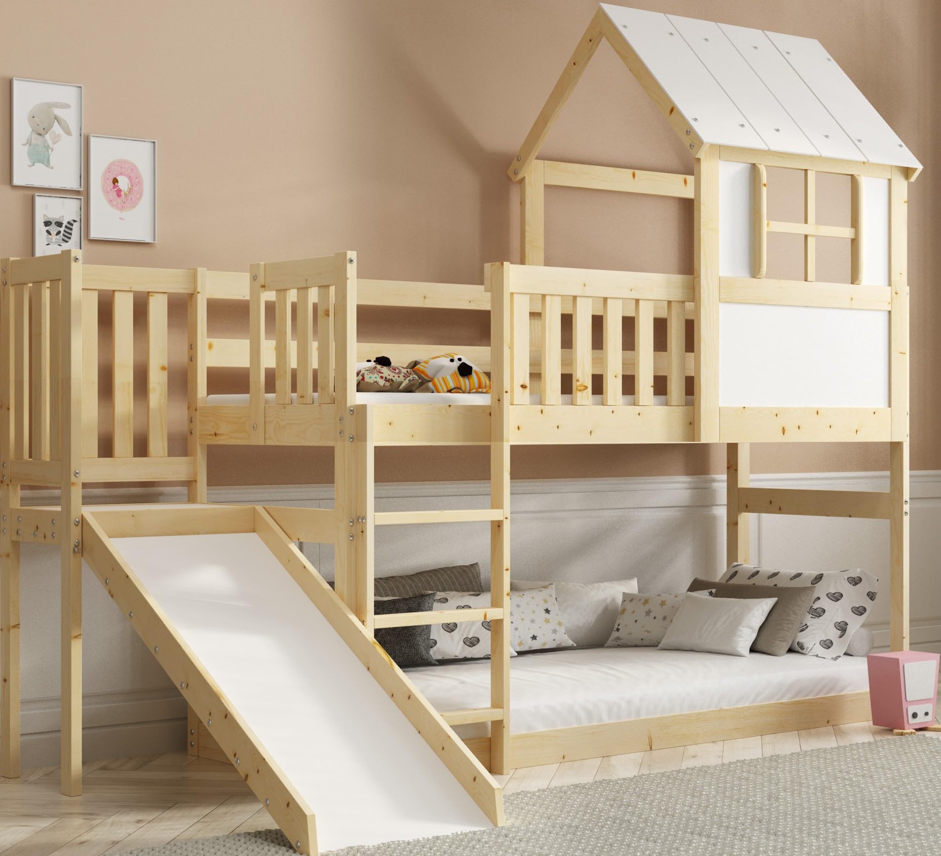 Interbeds Hochbett 90x200 cm mit Rutsche und Treppen Etagenbett Stockbett Holzbett Kinderbett mit Lattenrost Spielbett für Kinder Jugendbett aus Massivholz mit Sicherheitsgeländer (Mit Rutsche)