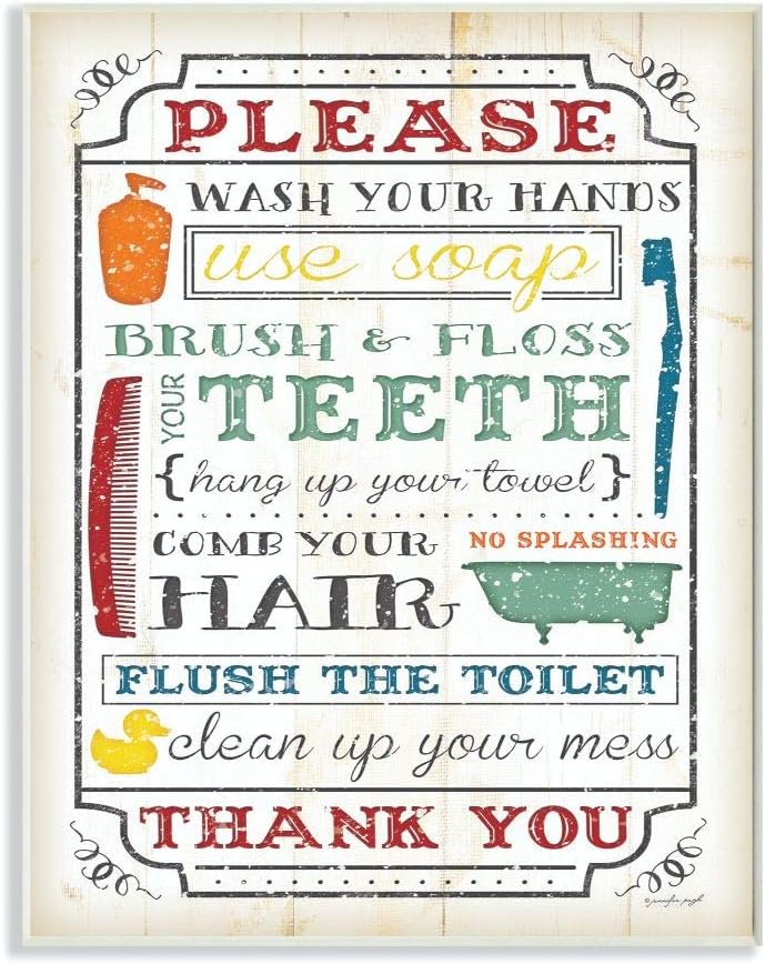 Stupell Home Décor Wash Your Hands Typography Multicolored Bathroom Wall Plaque, 10 x 0.5 x 15, Proudly Made in USA