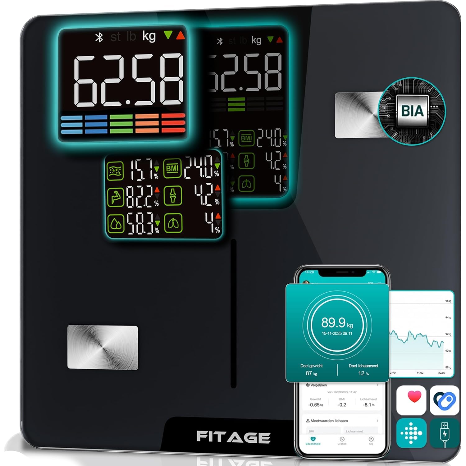 Balance Pese Personne Numérique, Balance Connectée, Pèse Personne fiable et précis, Graisse, Masse musculaire, IMC, poids, protéines, BMR et plus Balance Impédancemètre avec grand écran LED - Noir