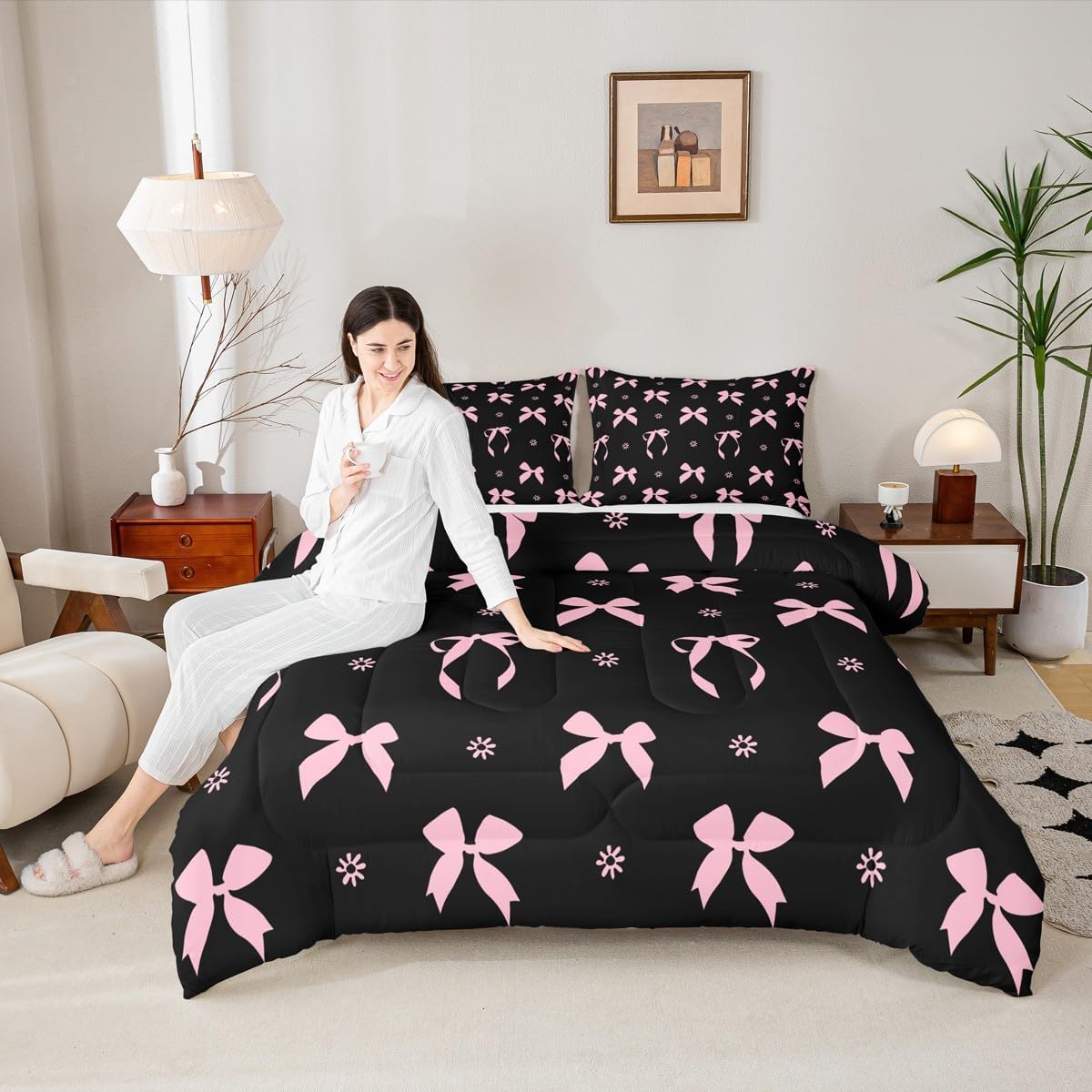 Feelyou Black Pink Bow Bedding Set Kids Cute Bow-tie Comforter Set Twin Size Girly Kawaii Bowknot Dreamy Princess Floral Duvet Quilt for Women Men Room Decor Soft Lightweight with 1 Pillow Case 2Pcs