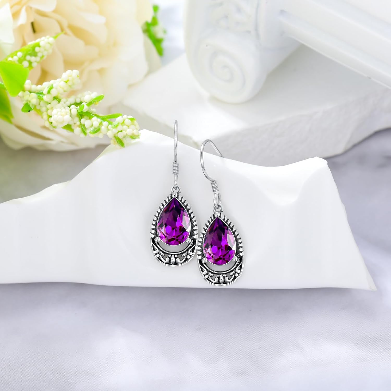 Vintage Teardrop Gemstone Earrings for Women, Sterling Silver Antique Filigree Dangle Earrings, Boho Jewelry Gift