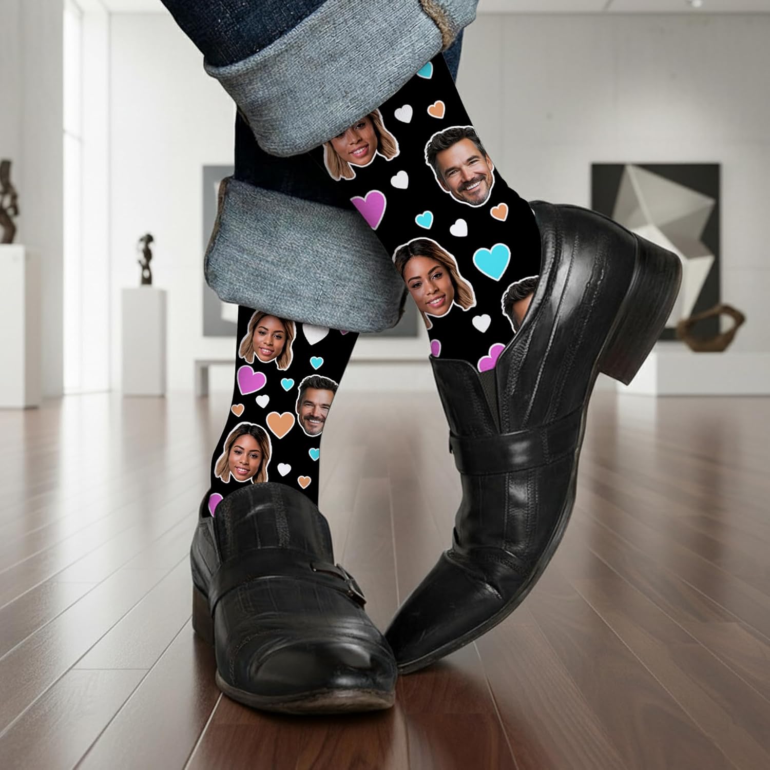 Bleu Reign Custom Couple Photo Socks – Personalized Face Socks with Colorful Hearts – Romantic Gift for Valentine’s Day, Anniversary, or Wedding - Image 3