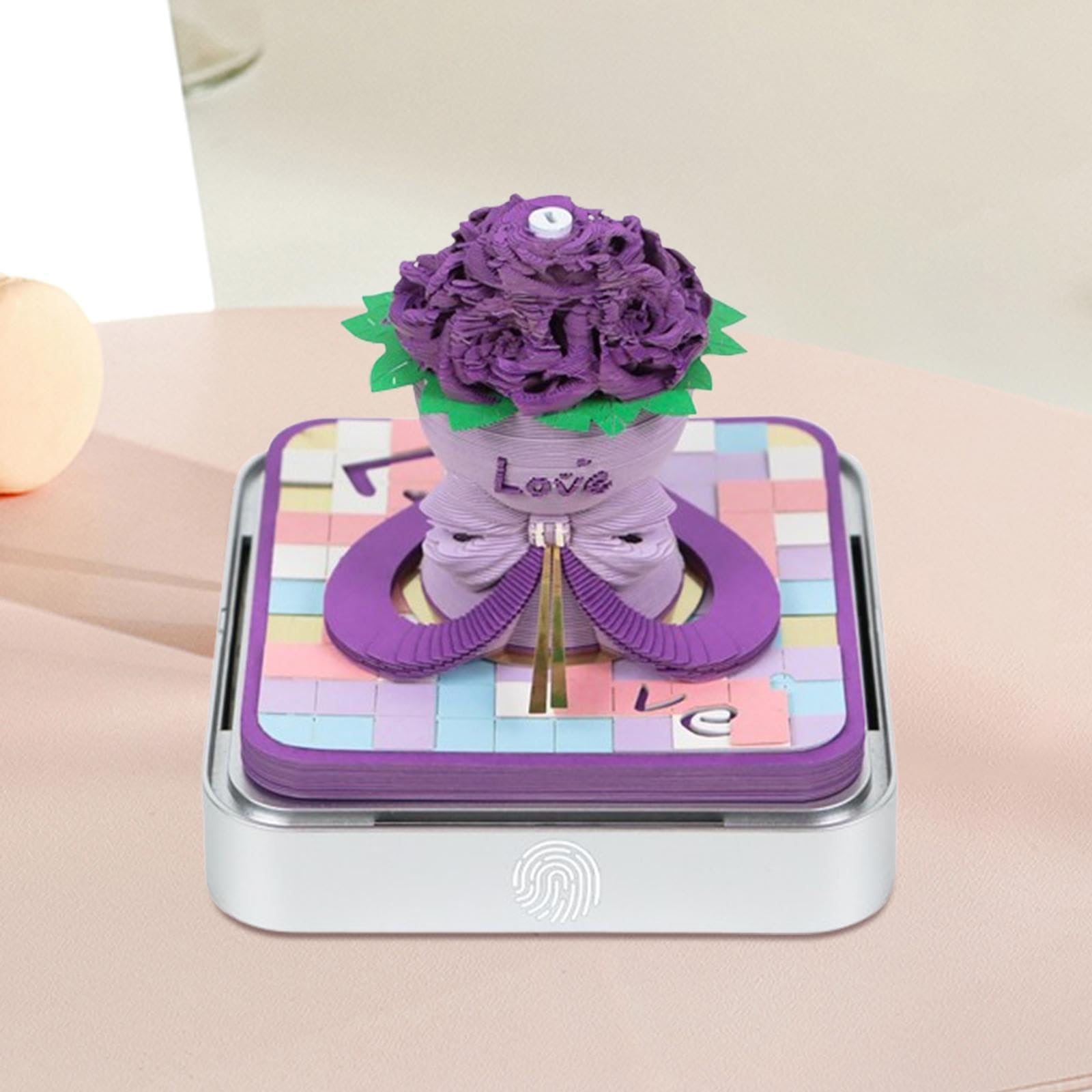 Bloc de notas 3D 2025, calendario diario de escritorio con escultura de papel de ramo de rosas con caja de exhibición acrílica, 3.8 x 3.8 x 3.35 pulgadas, color morado