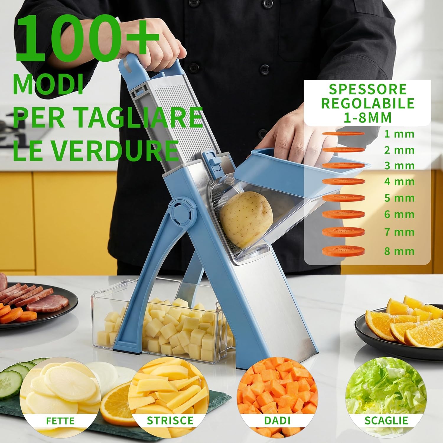 Affettatrice Professionale Mandolina di Verdure, Affettatrice Manuale Verticale con Lame in Acciaio Inox, Spessore Regolabile per Patate Cipolle, Tritaverdure Multifunzionale per Cucina (Blu)