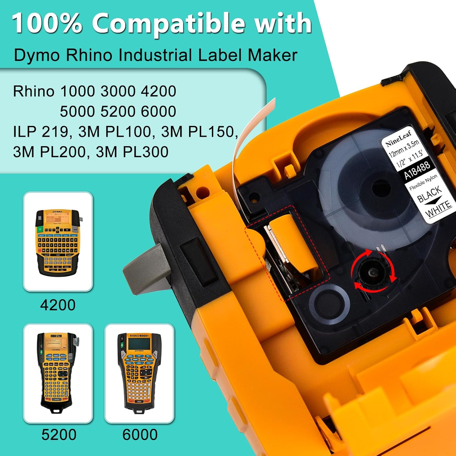 NineLeaf 10 Pack Black on White Flexible Nylon Compatible for Dymo Rhino 18488 12mm 1/2'' Label Tape Replacement with Industrial Rhino Pro 1000 3000 5200 4200 Label Makers