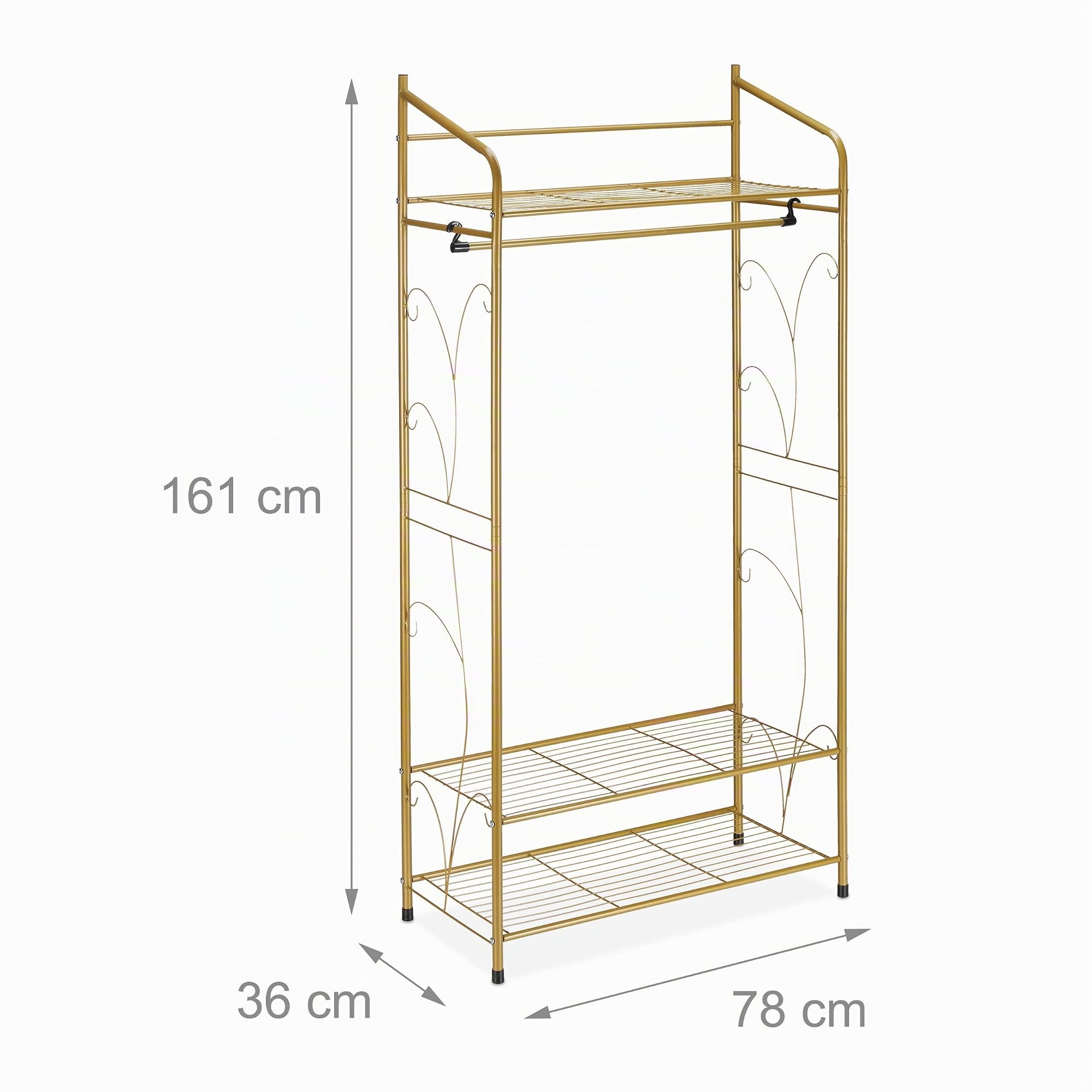 Relaxdays Stand Appendiabiti, in Metallo, con 3 Ripiani, Asta Attaccapanni, Vintage, HLP: 161 x 78 x 36 cm, Dorato