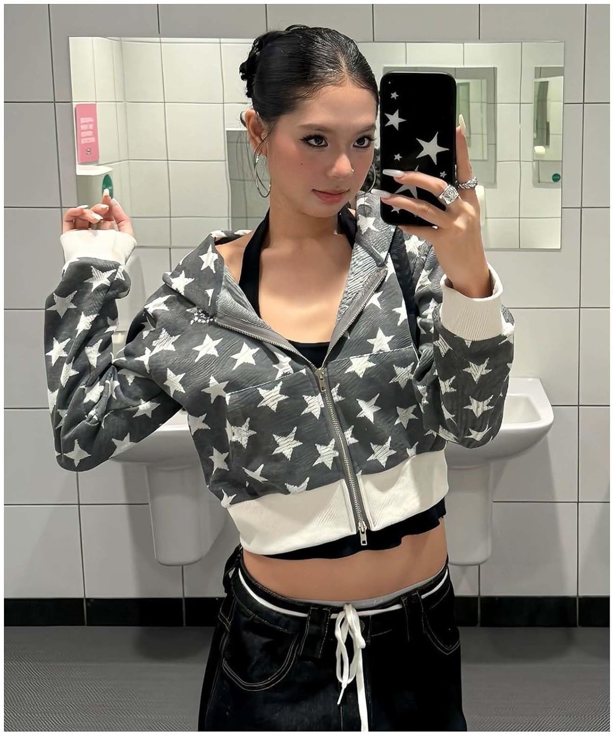 MLAFE Y2K Retro Hoodies for Women Cropped Zip Up Star Print Oversized Streetwear Sweatshirt Spring Fall Daily Casual - Image 4