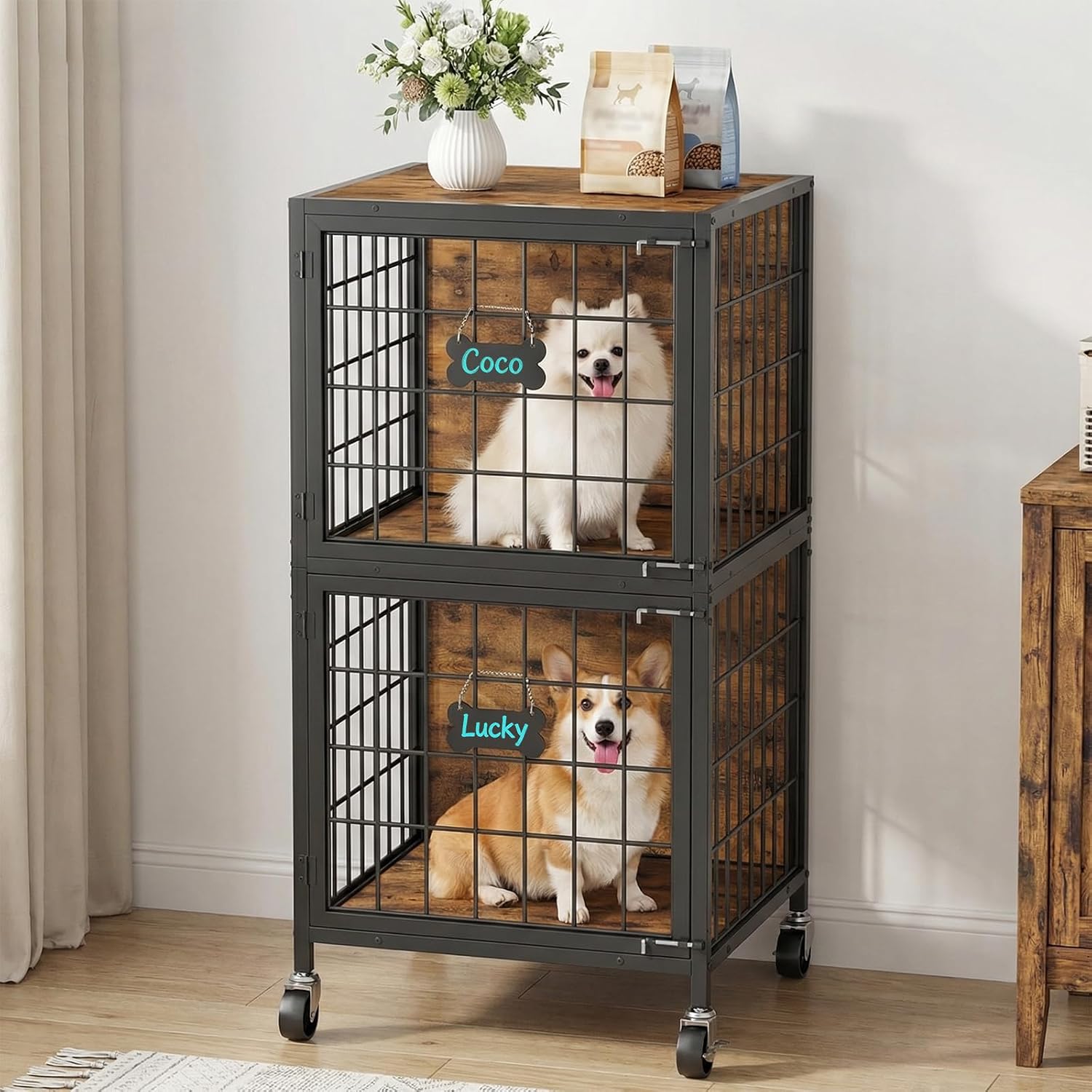 MAHANCRIS Dog Crate Furniture for 2 Dogs, Tall Double Dog Kennel Furniture