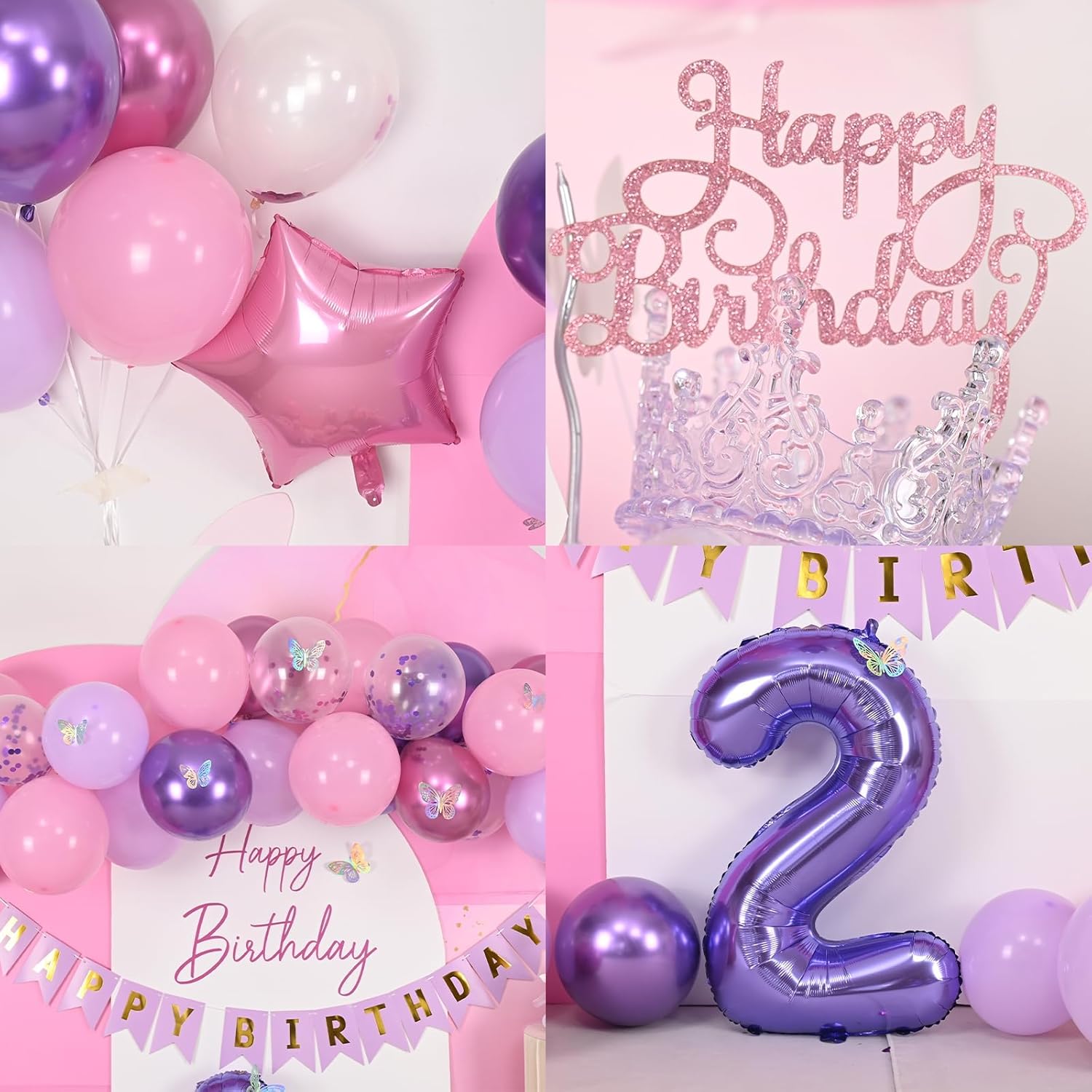 2nd Birthday Decoration for Girls,Pink Purple 2nd Balloon Number 2 Balloon with Butterfly Stickers Star Heart Foil Balloons Happy Birthday Banner for Baby 2 Year Old Party Decor - Image 9