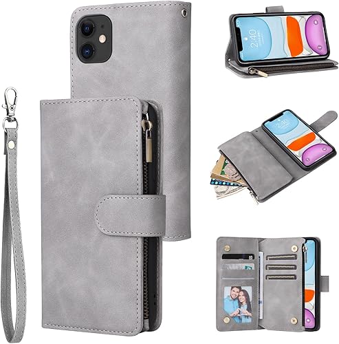 Miniatura 9 de UEEBAI Funda de cartera para iPhone 11, Cartera de cuero PU Cierre magnético Bolso con cremallera Cubierta de bolsillo Ranuras para tarjetas